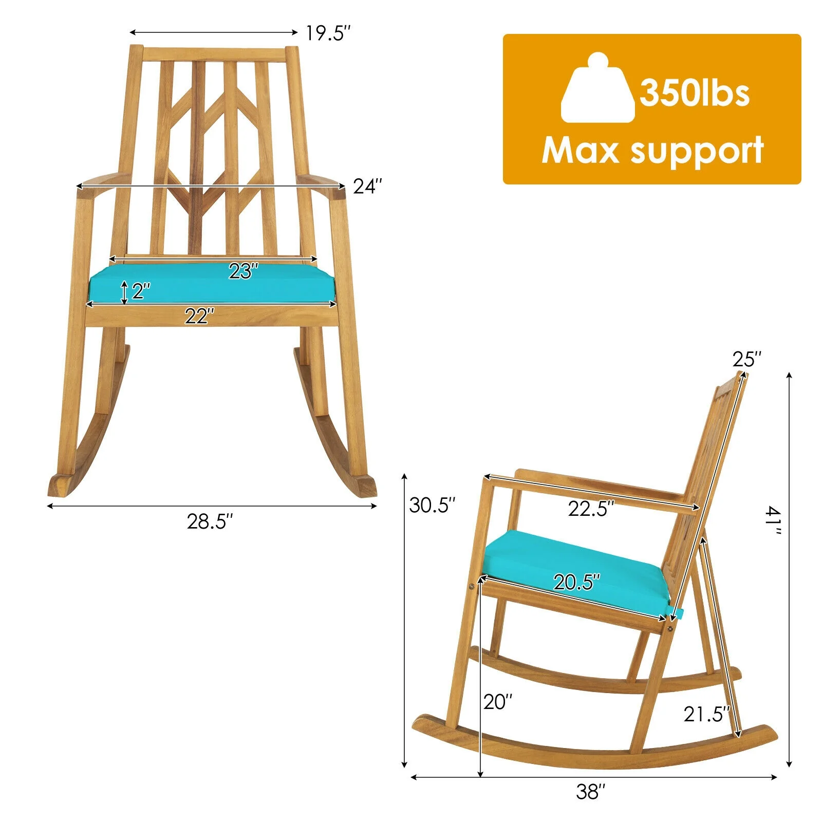 Acacia Wood Rocking Chair Sofa, With Armrest And Cushion, Turquoise - Image 5