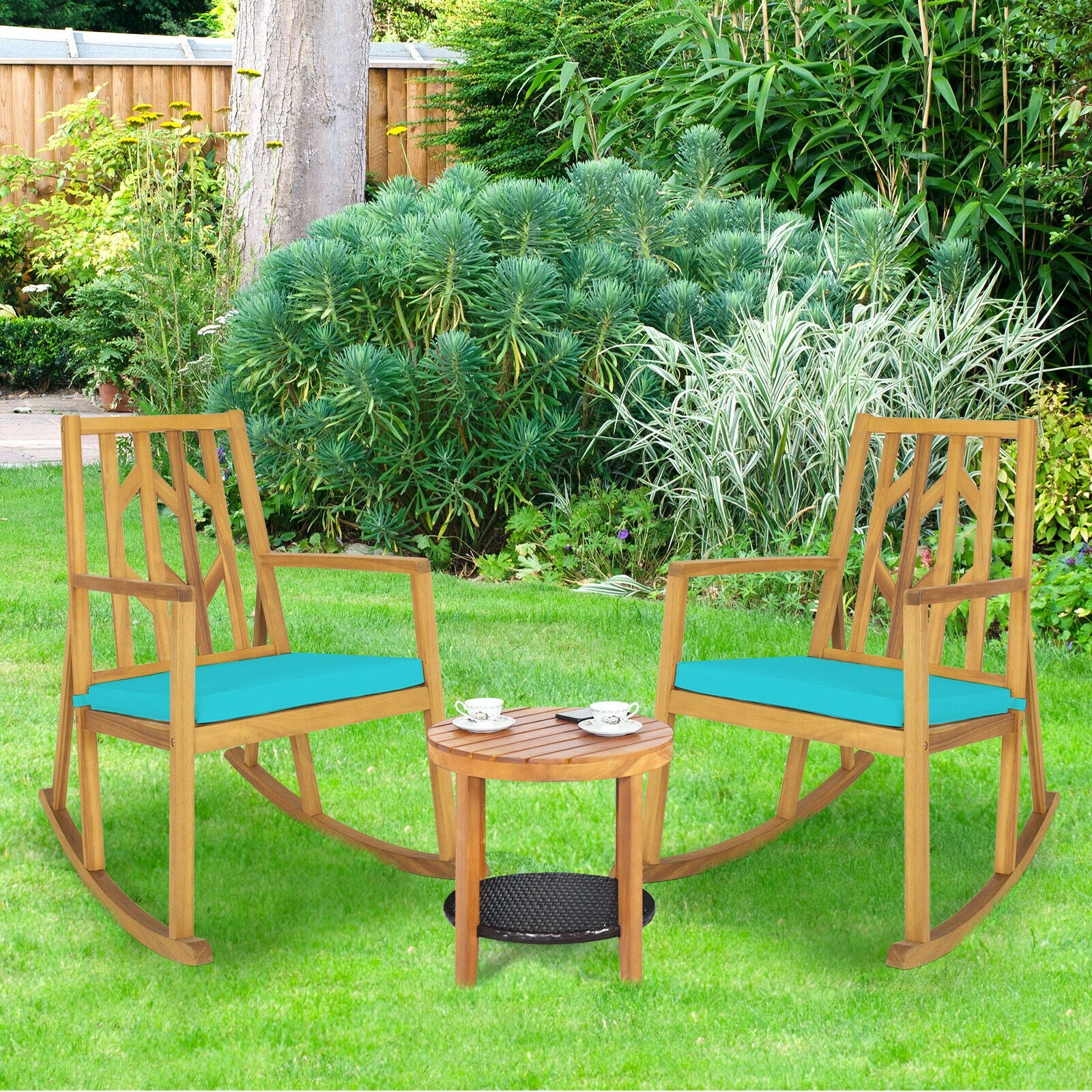 Acacia Wood Rocking Chair Sofa, With Armrest And Cushion, Turquoise - Image 7