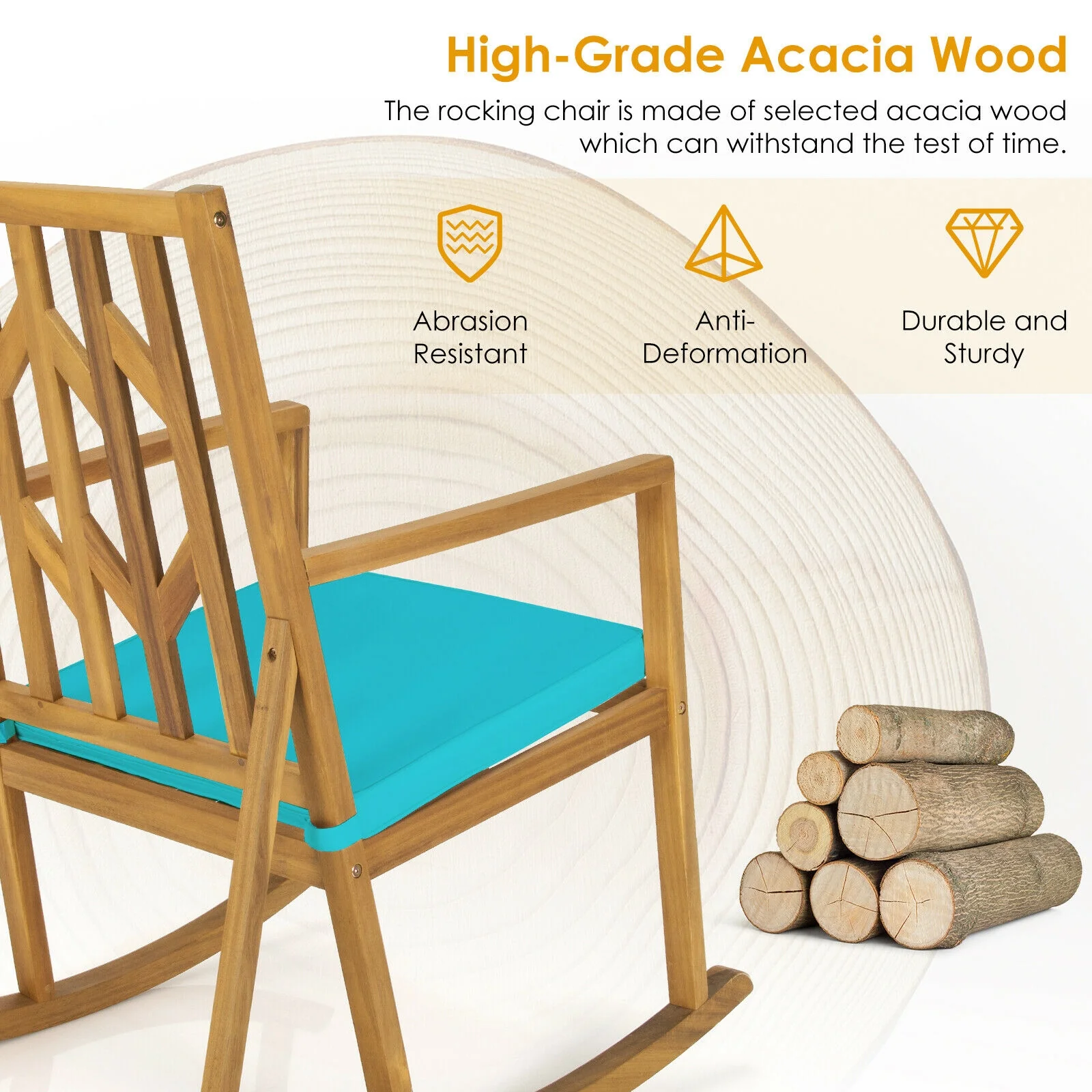 Acacia Wood Rocking Chair Sofa, With Armrest And Cushion, Turquoise - Image 9