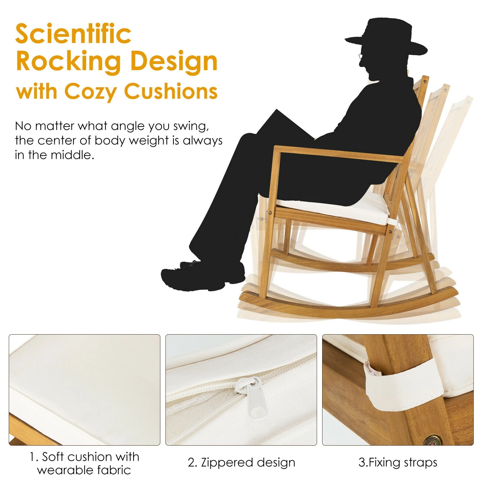 Acacia Wood Rocking Chair Sofa With Armrest, Cushion, White - Image 10