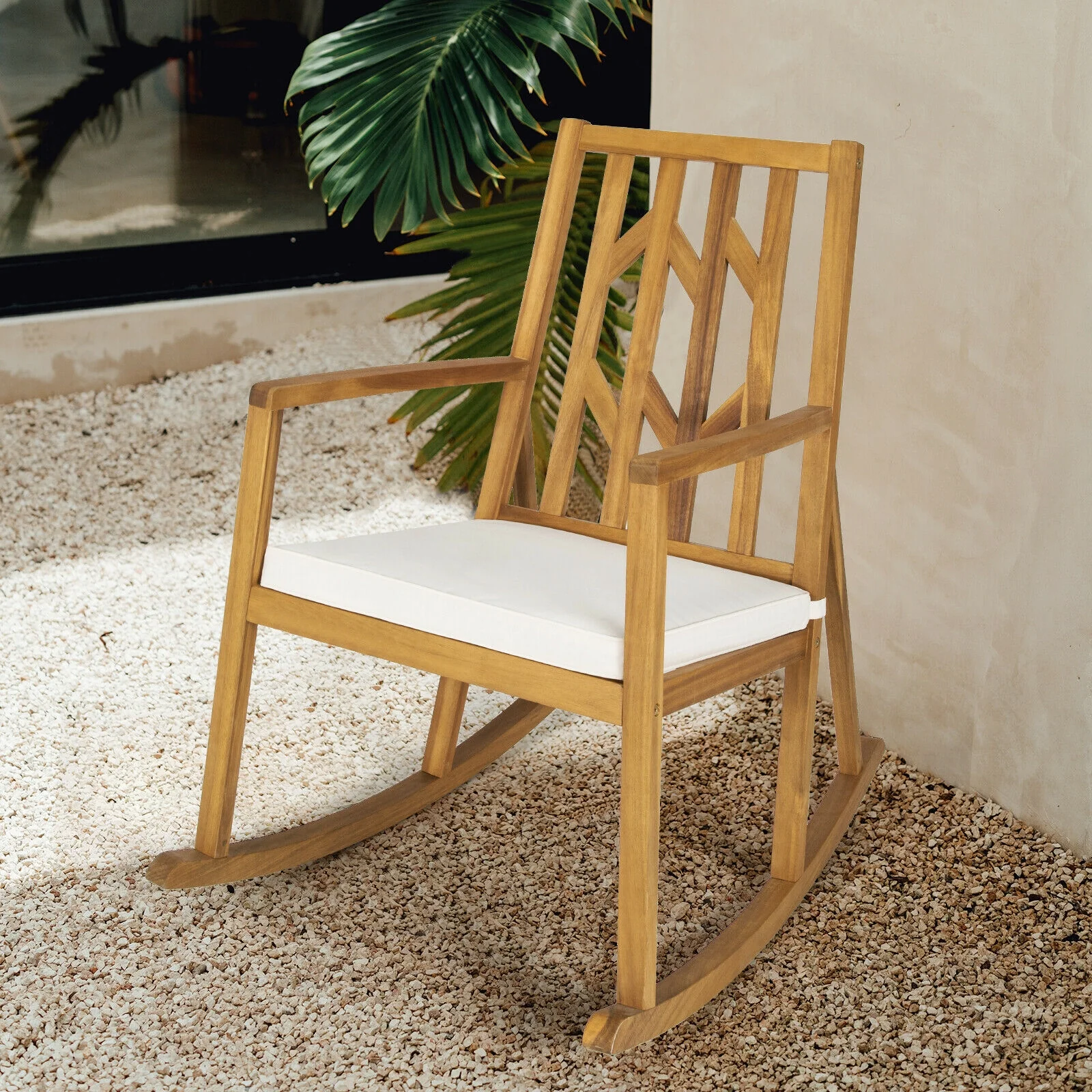 Acacia Wood Rocking Chair Sofa With Armrest, Cushion, White - Image 2