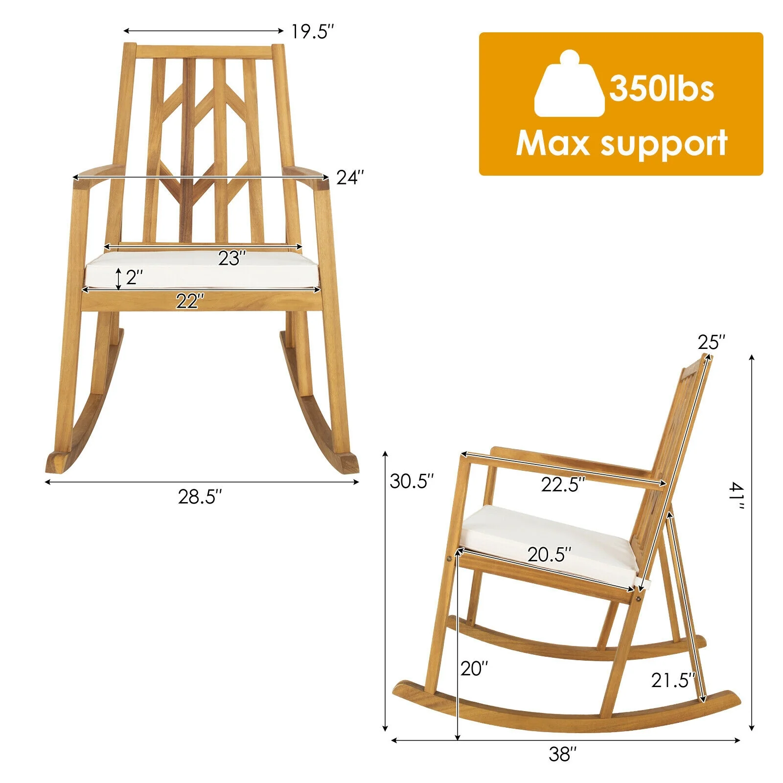 Acacia Wood Rocking Chair Sofa With Armrest, Cushion, White - Image 5