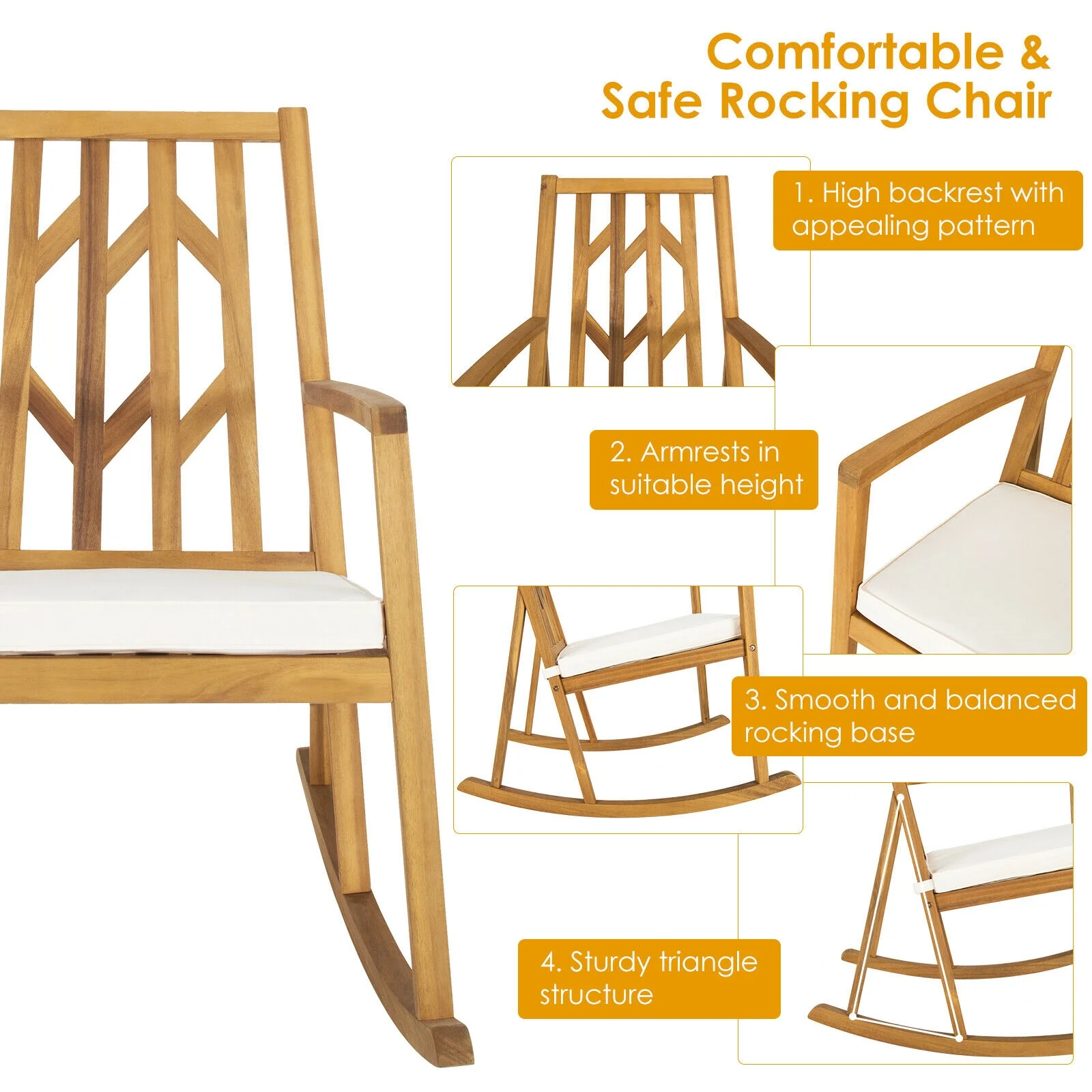 Acacia Wood Rocking Chair Sofa With Armrest, Cushion, White - Image 6