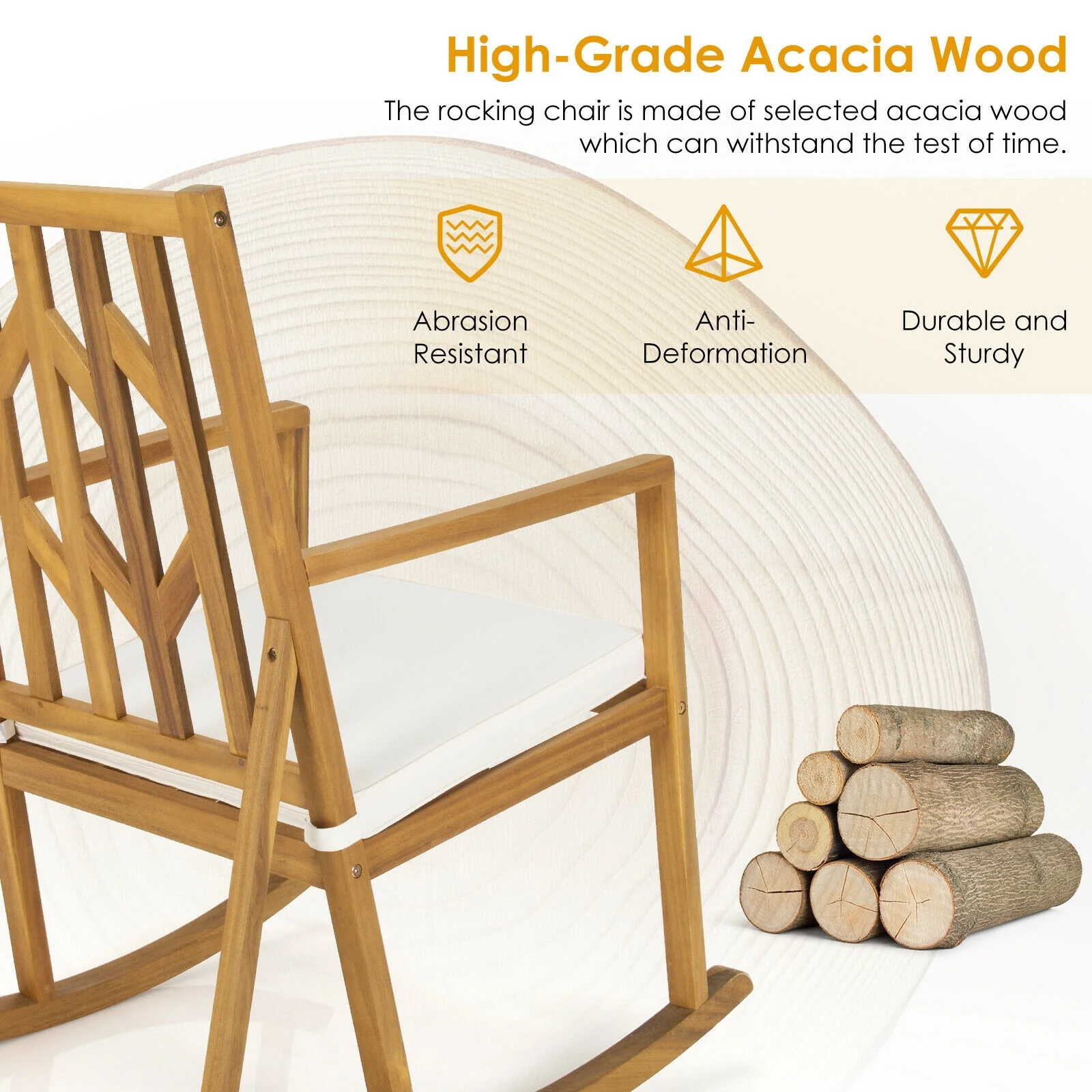 Acacia Wood Rocking Chair Sofa With Armrest, Cushion, White - Image 9