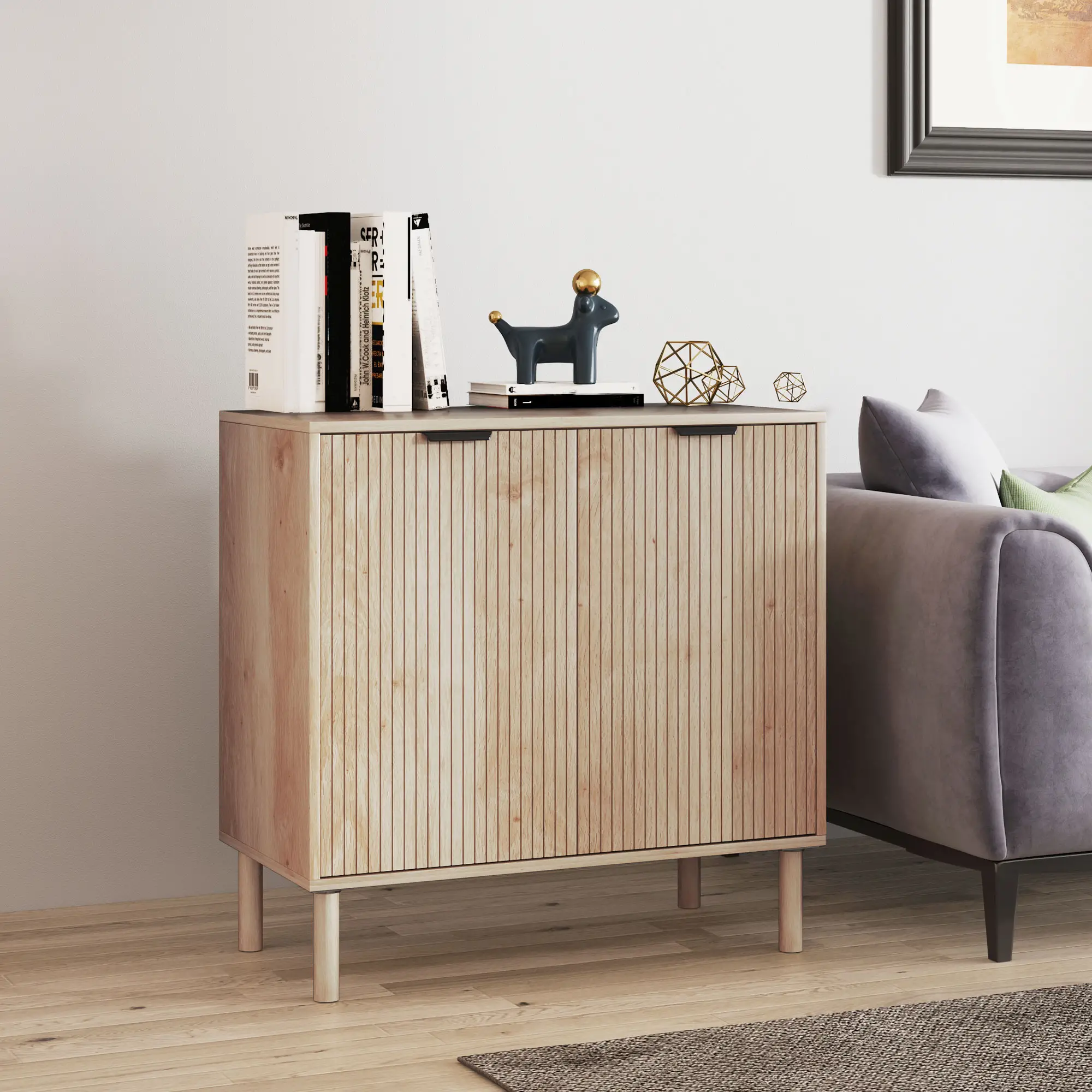 Accent Cabinet with Doors, Adjustable Shelf, Wood Legs, Oak - Image 2