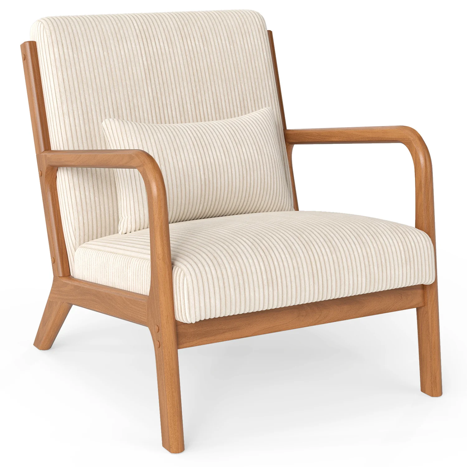 Accent Chair Corduroy Upholstered Lounge Chair with Lumbar Pillow, Beige