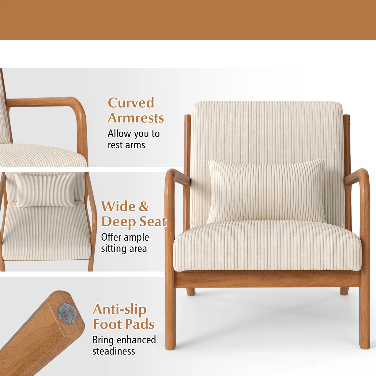 Accent Chair Corduroy Upholstered Lounge Chair with Lumbar Pillow, Beige - Image 10