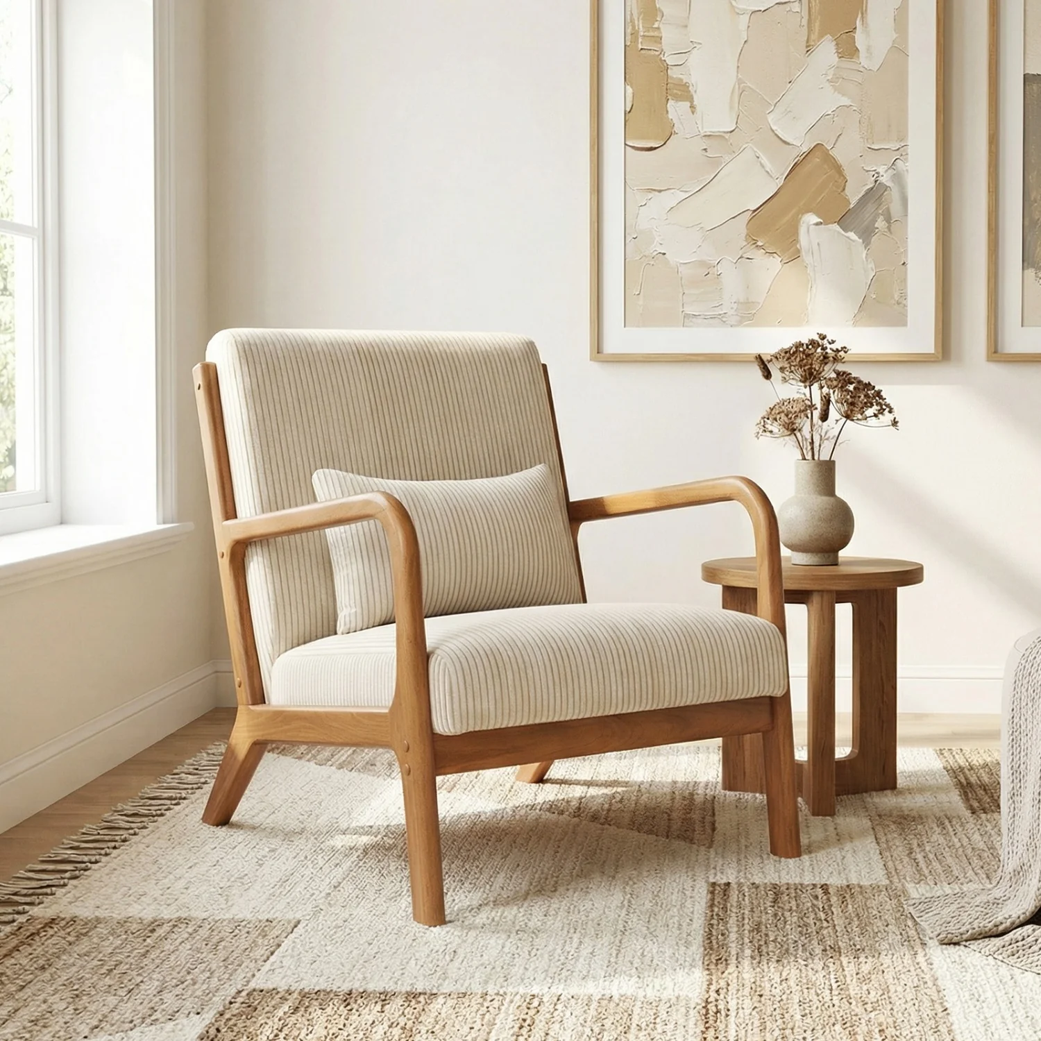 Accent Chair Corduroy Upholstered Lounge Chair with Lumbar Pillow, Beige - Image 2