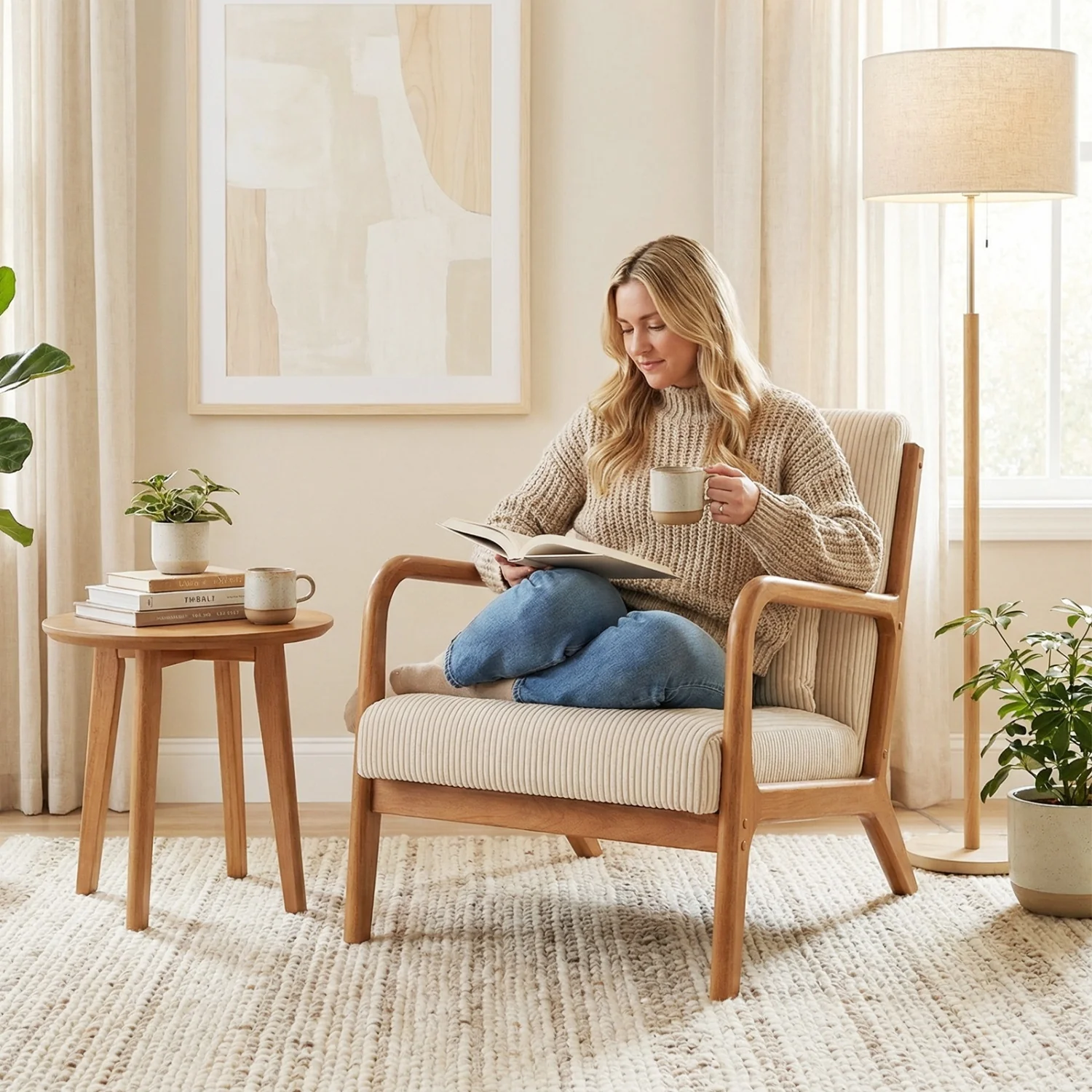 Accent Chair Corduroy Upholstered Lounge Chair with Lumbar Pillow, Beige - Image 3