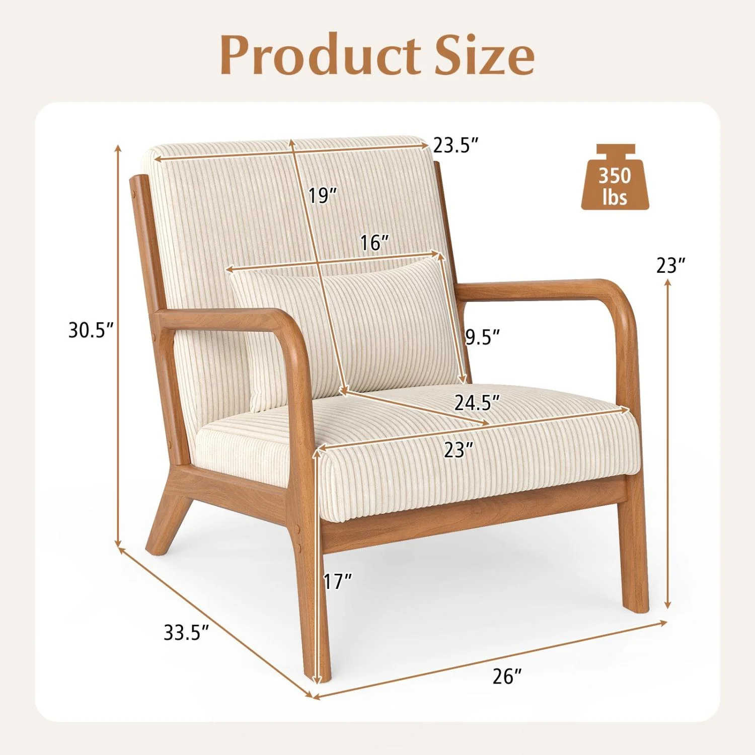 Accent Chair Corduroy Upholstered Lounge Chair with Lumbar Pillow, Beige - Image 5