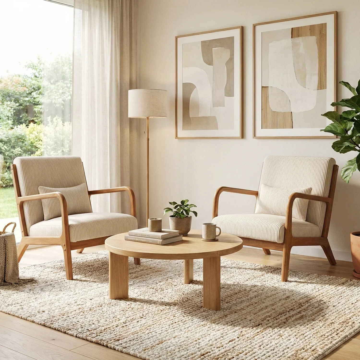 Accent Chair Corduroy Upholstered Lounge Chair with Lumbar Pillow, Beige - Image 6