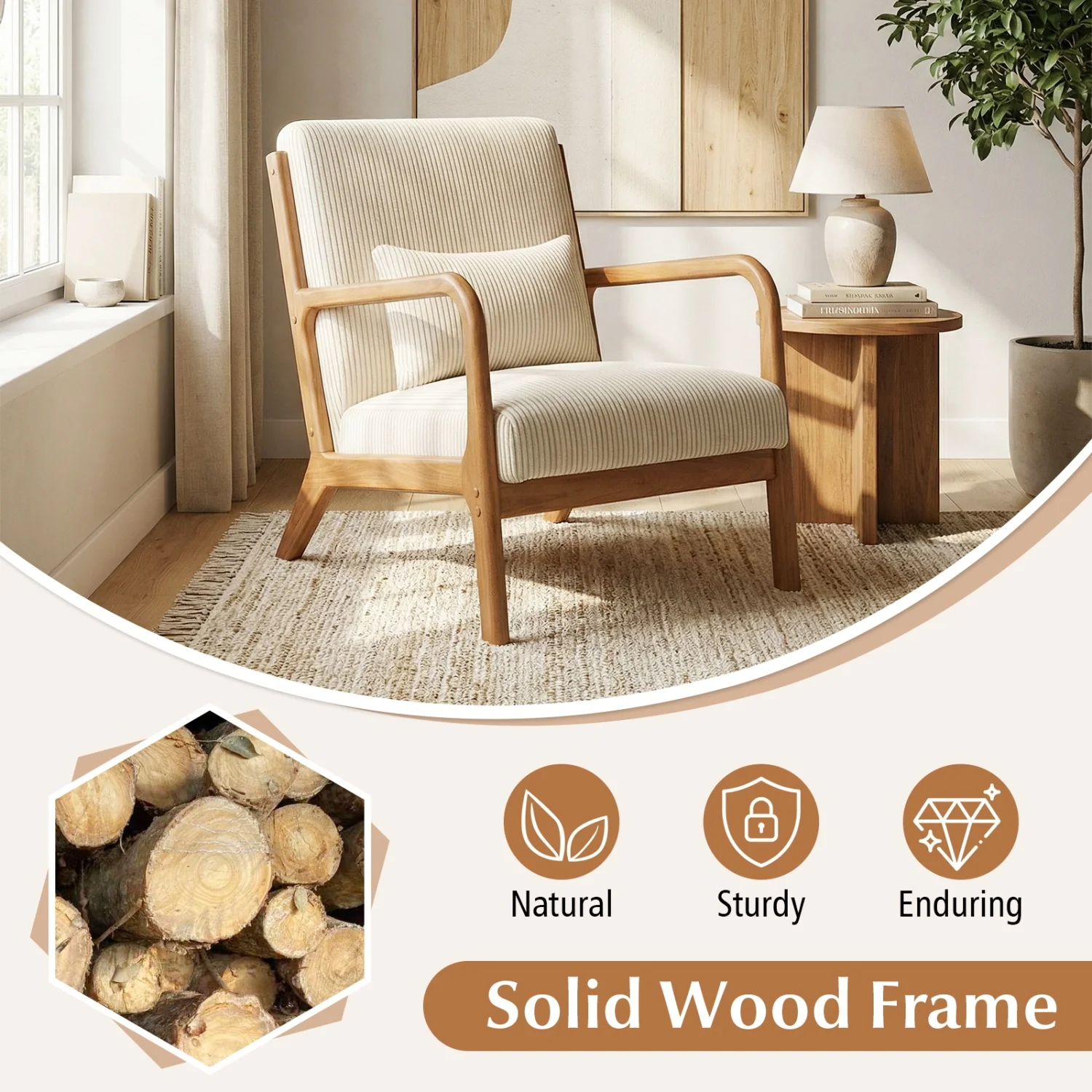 Accent Chair Corduroy Upholstered Lounge Chair with Lumbar Pillow, Beige - Image 8