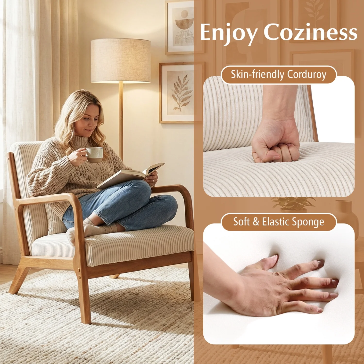 Accent Chair Corduroy Upholstered Lounge Chair with Lumbar Pillow, Beige - Image 9