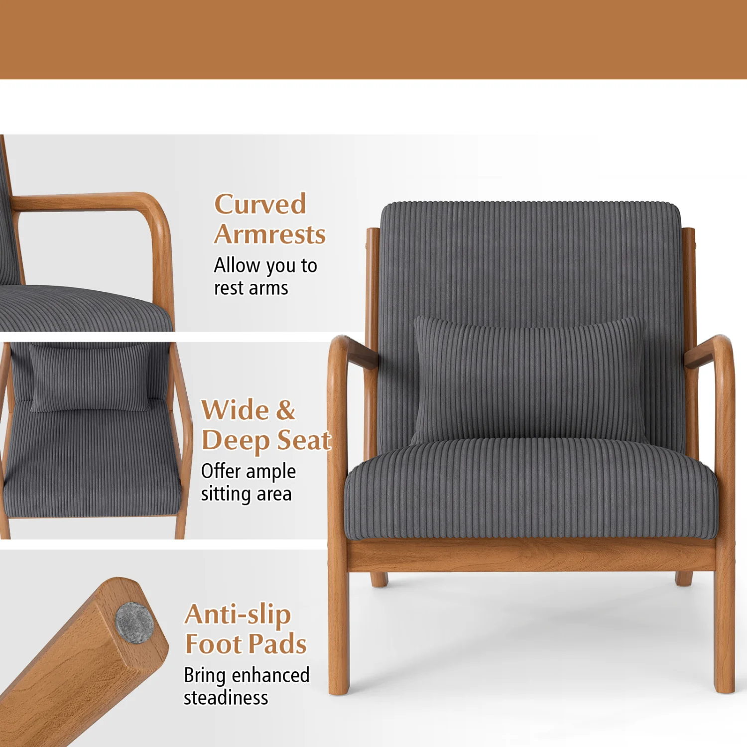 Accent Chair Corduroy Upholstered Lounge Chair with Lumbar Pillow, Gray - Image 10