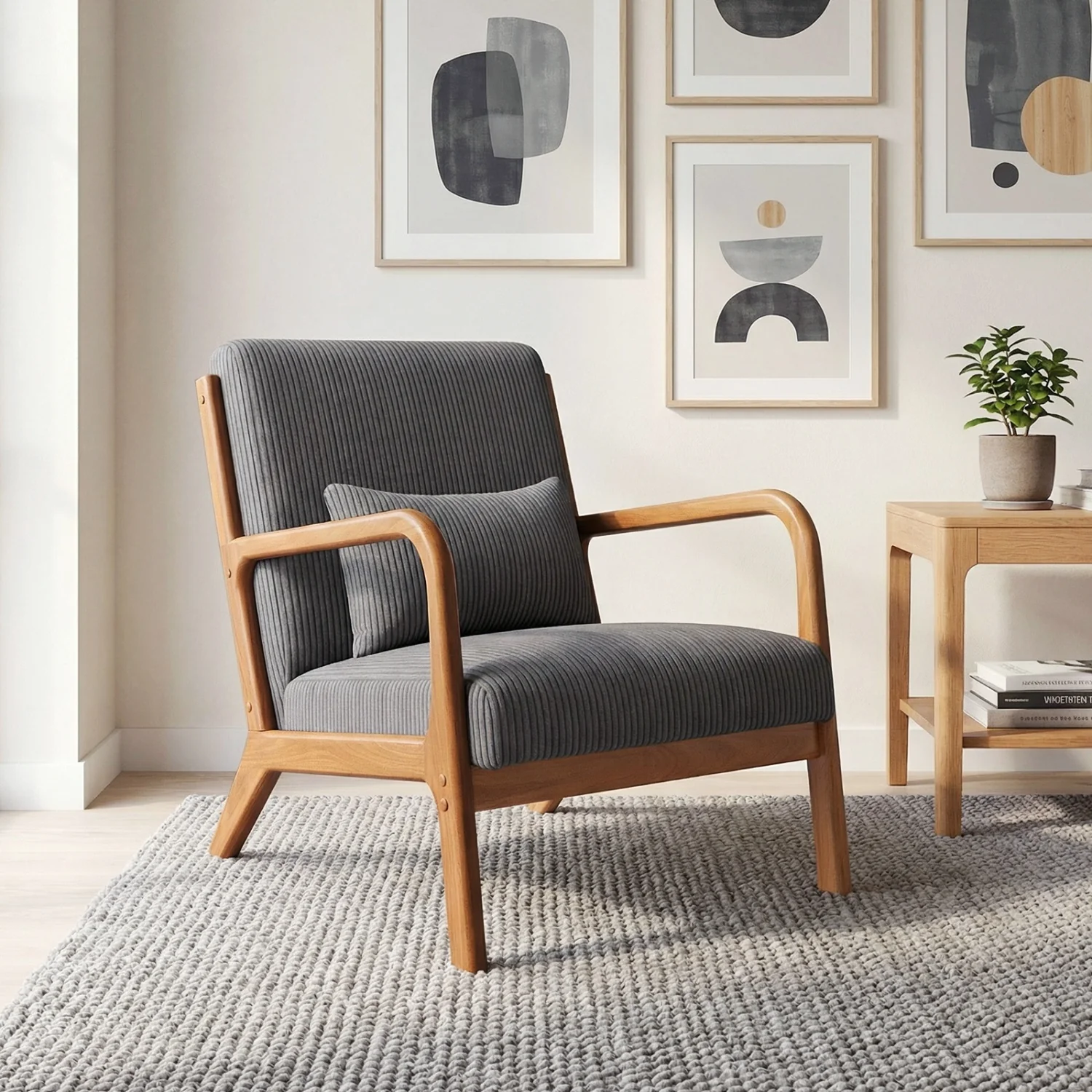 Accent Chair Corduroy Upholstered Lounge Chair with Lumbar Pillow, Gray - Image 2