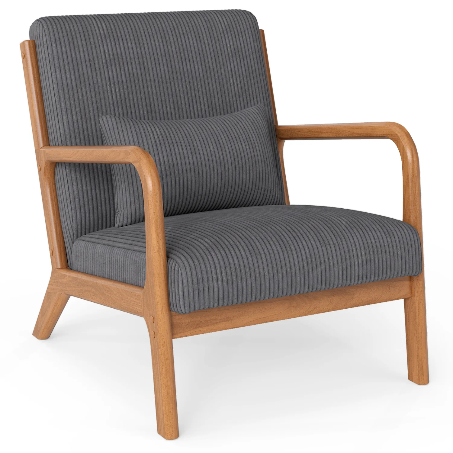Accent Chair Corduroy Upholstered Lounge Chair with Lumbar Pillow, Gray - Image 4