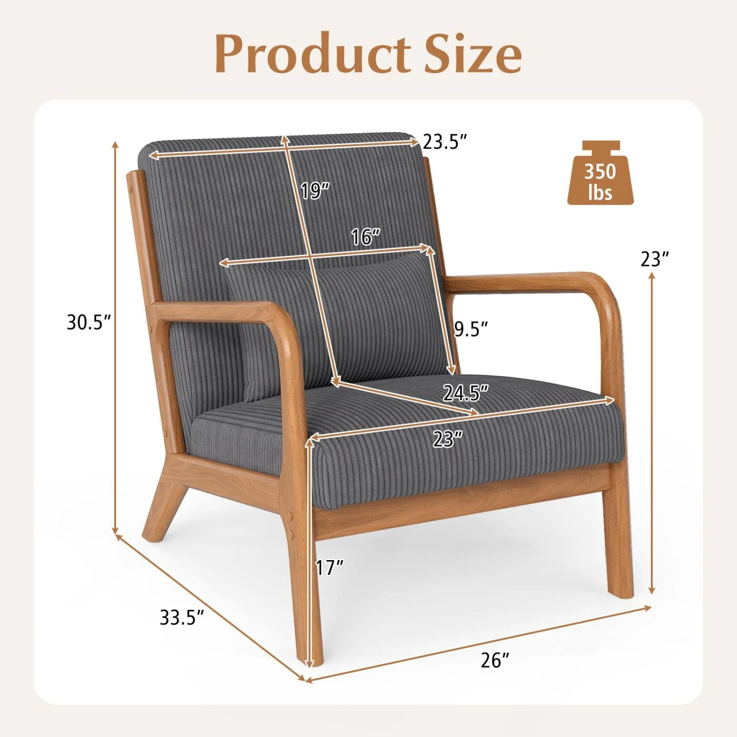 Accent Chair Corduroy Upholstered Lounge Chair with Lumbar Pillow, Gray - Image 5