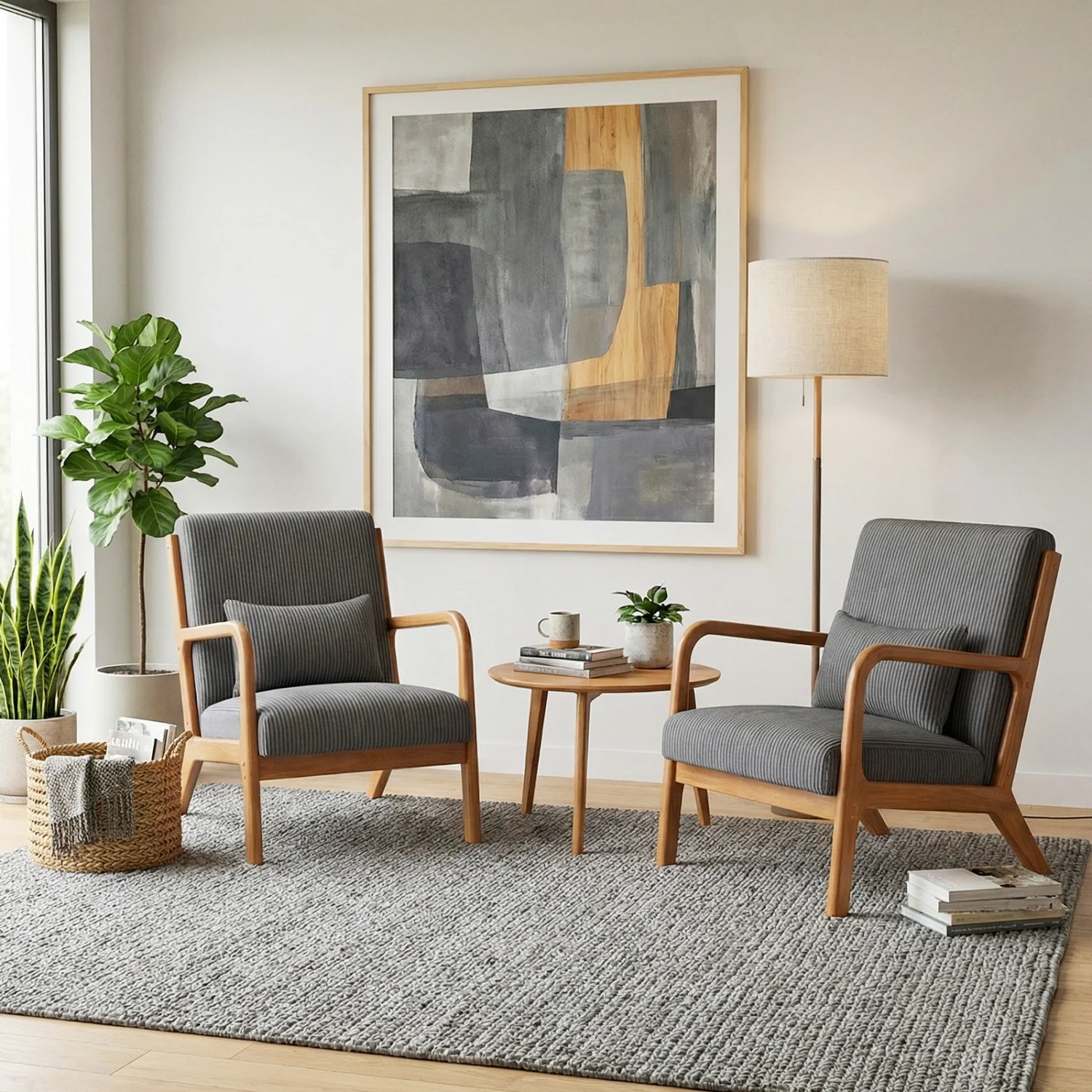 Accent Chair Corduroy Upholstered Lounge Chair with Lumbar Pillow, Gray - Image 6