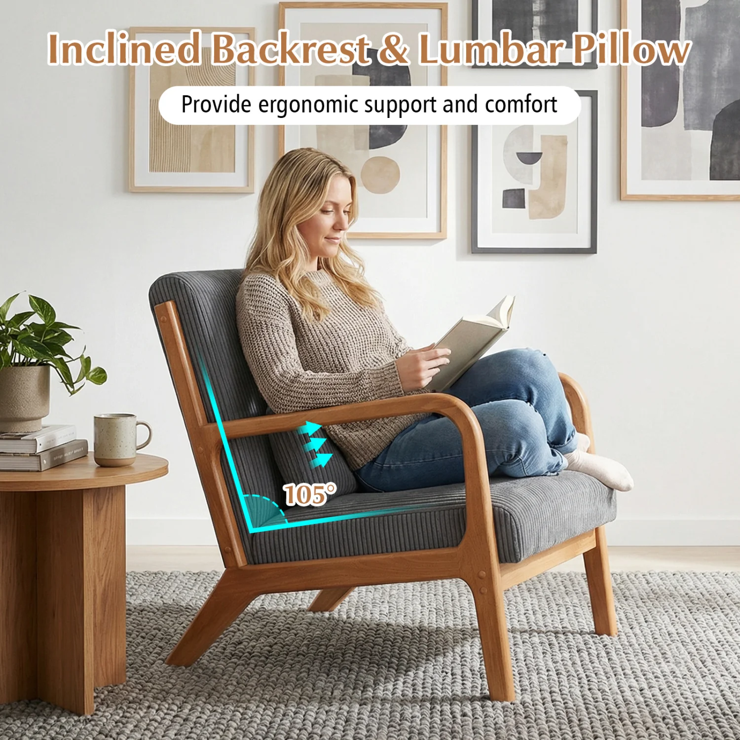 Accent Chair Corduroy Upholstered Lounge Chair with Lumbar Pillow, Gray - Image 7