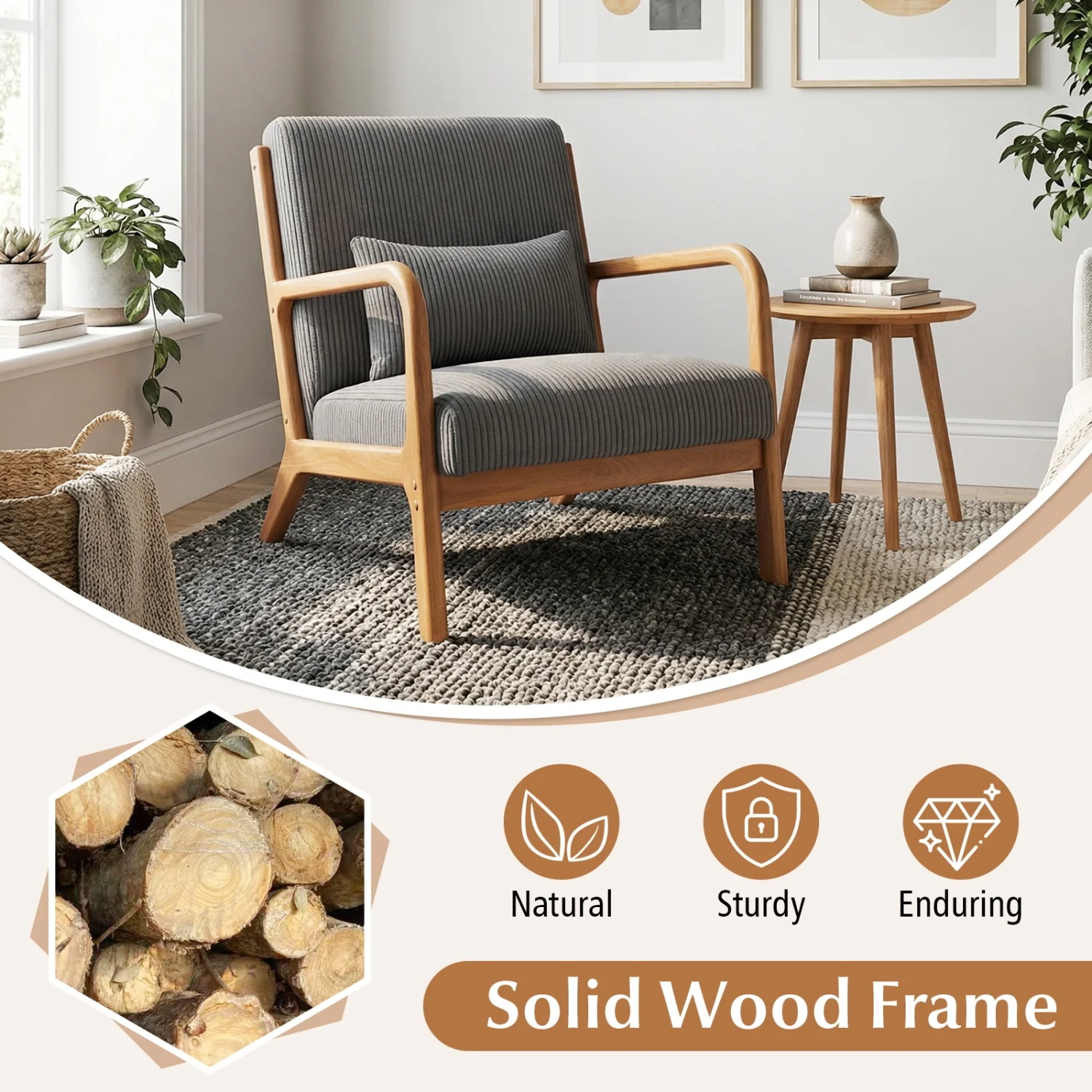 Accent Chair Corduroy Upholstered Lounge Chair with Lumbar Pillow, Gray - Image 8