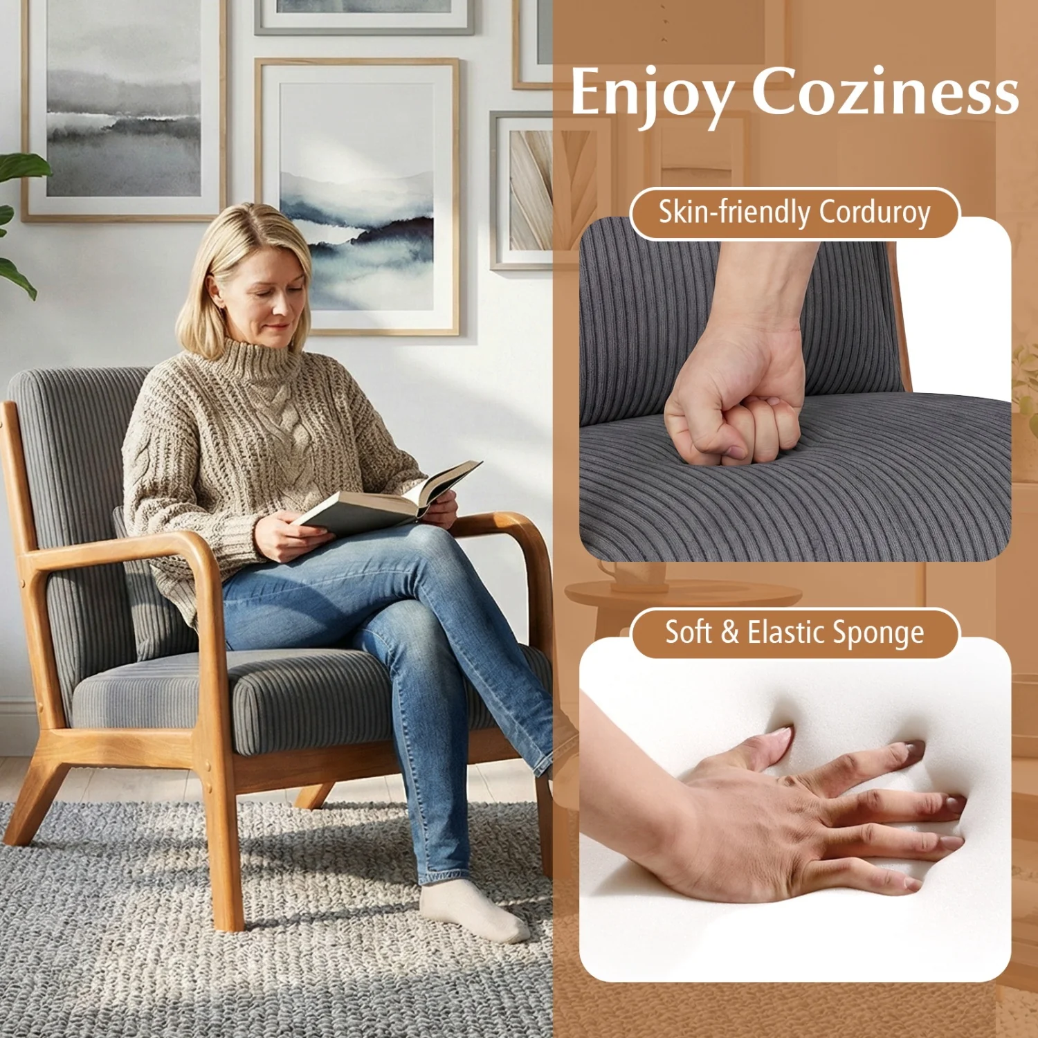 Accent Chair Corduroy Upholstered Lounge Chair with Lumbar Pillow, Gray - Image 9
