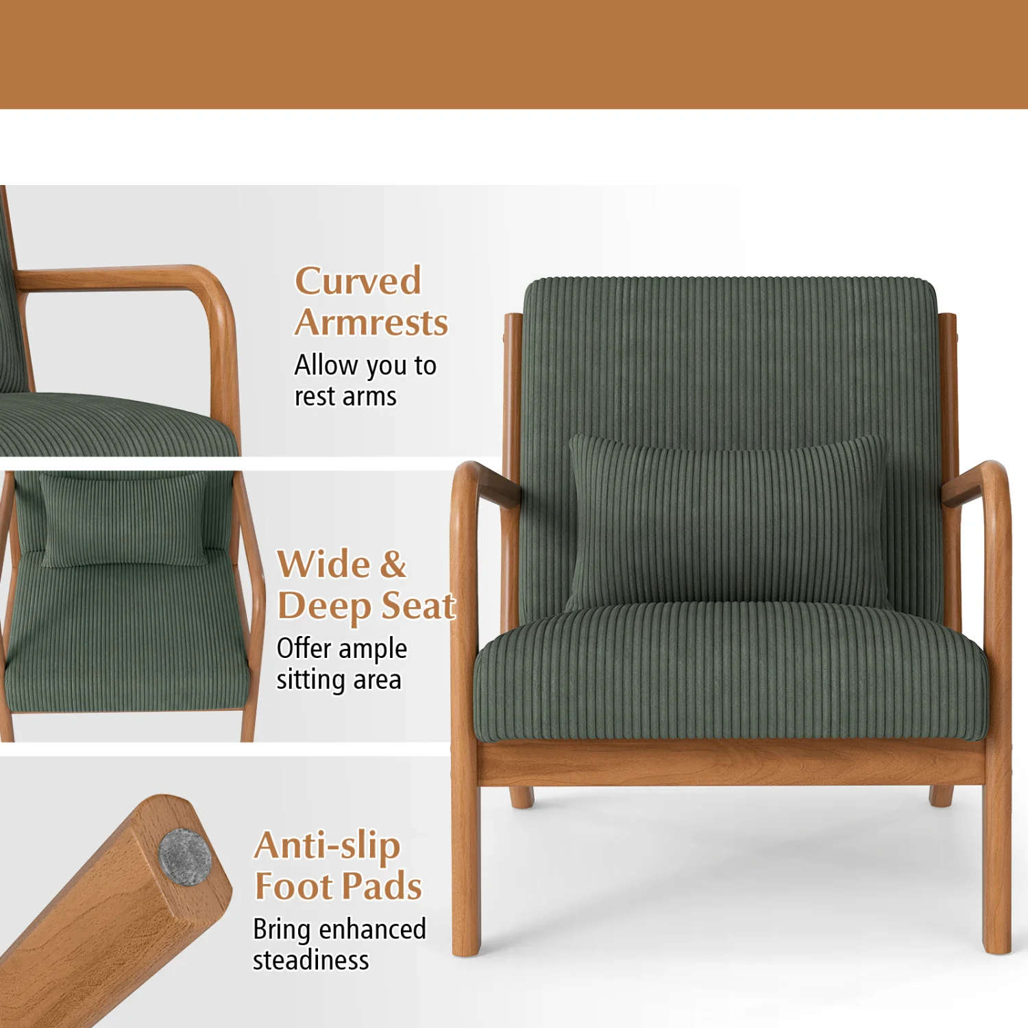 Accent Chair Corduroy Upholstered Lounge Chair with Lumbar Pillow, Green - Image 10