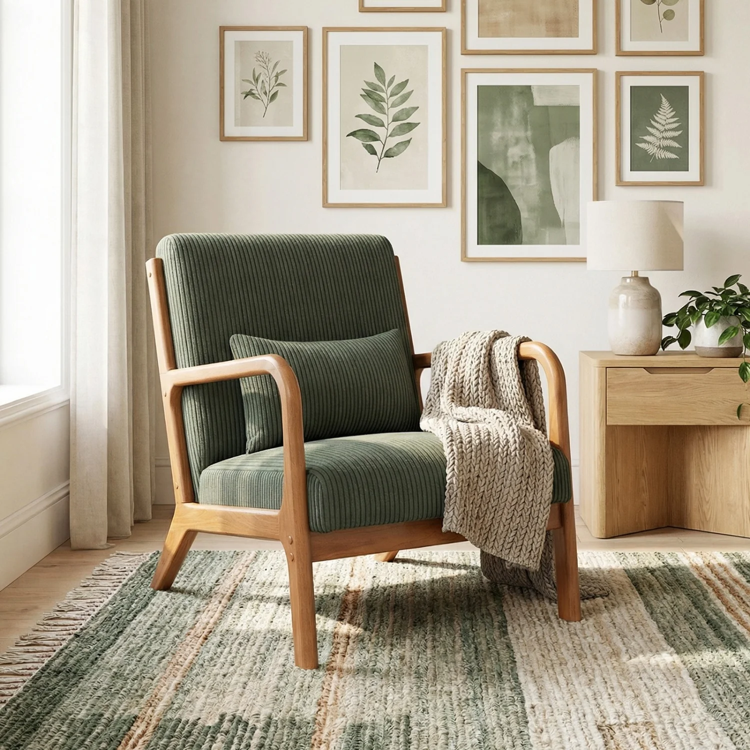 Accent Chair Corduroy Upholstered Lounge Chair with Lumbar Pillow, Green - Image 2