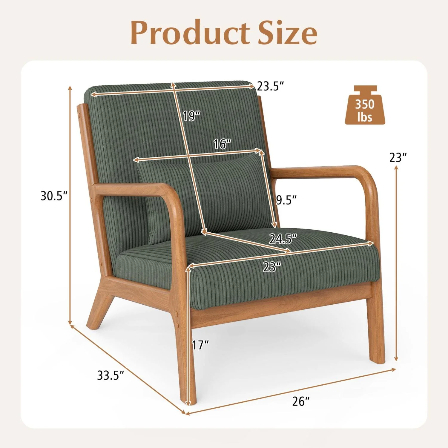 Accent Chair Corduroy Upholstered Lounge Chair with Lumbar Pillow, Green - Image 5