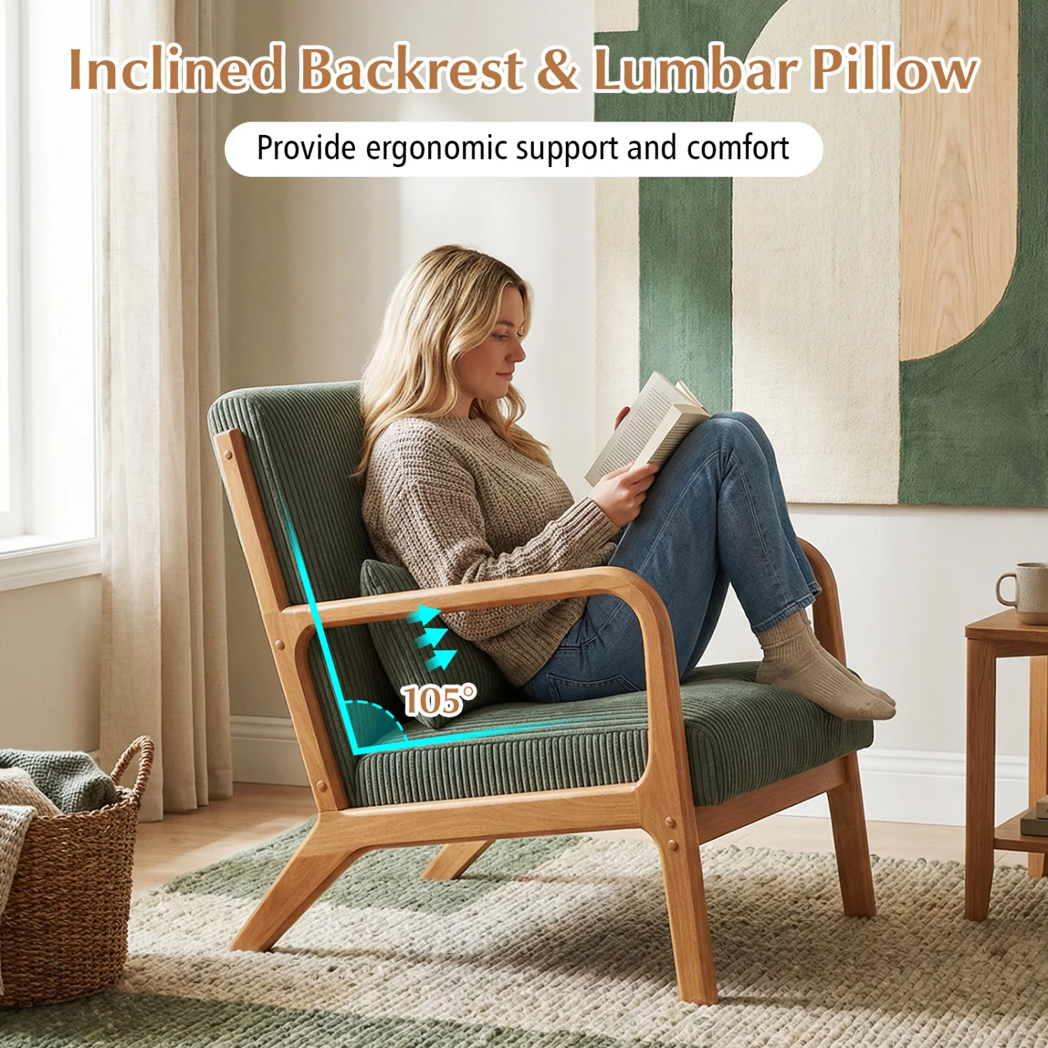 Accent Chair Corduroy Upholstered Lounge Chair with Lumbar Pillow, Green - Image 7