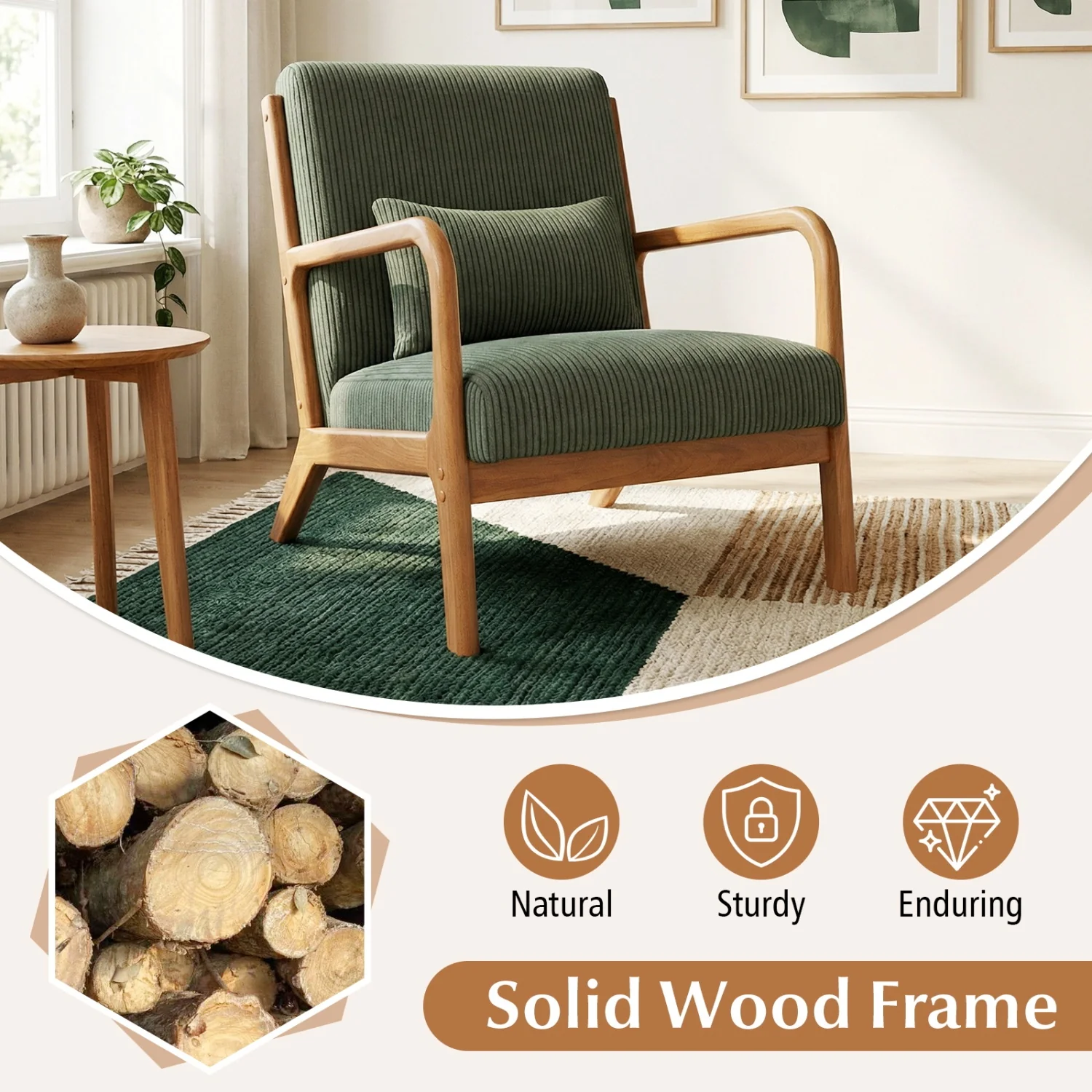 Accent Chair Corduroy Upholstered Lounge Chair with Lumbar Pillow, Green - Image 8