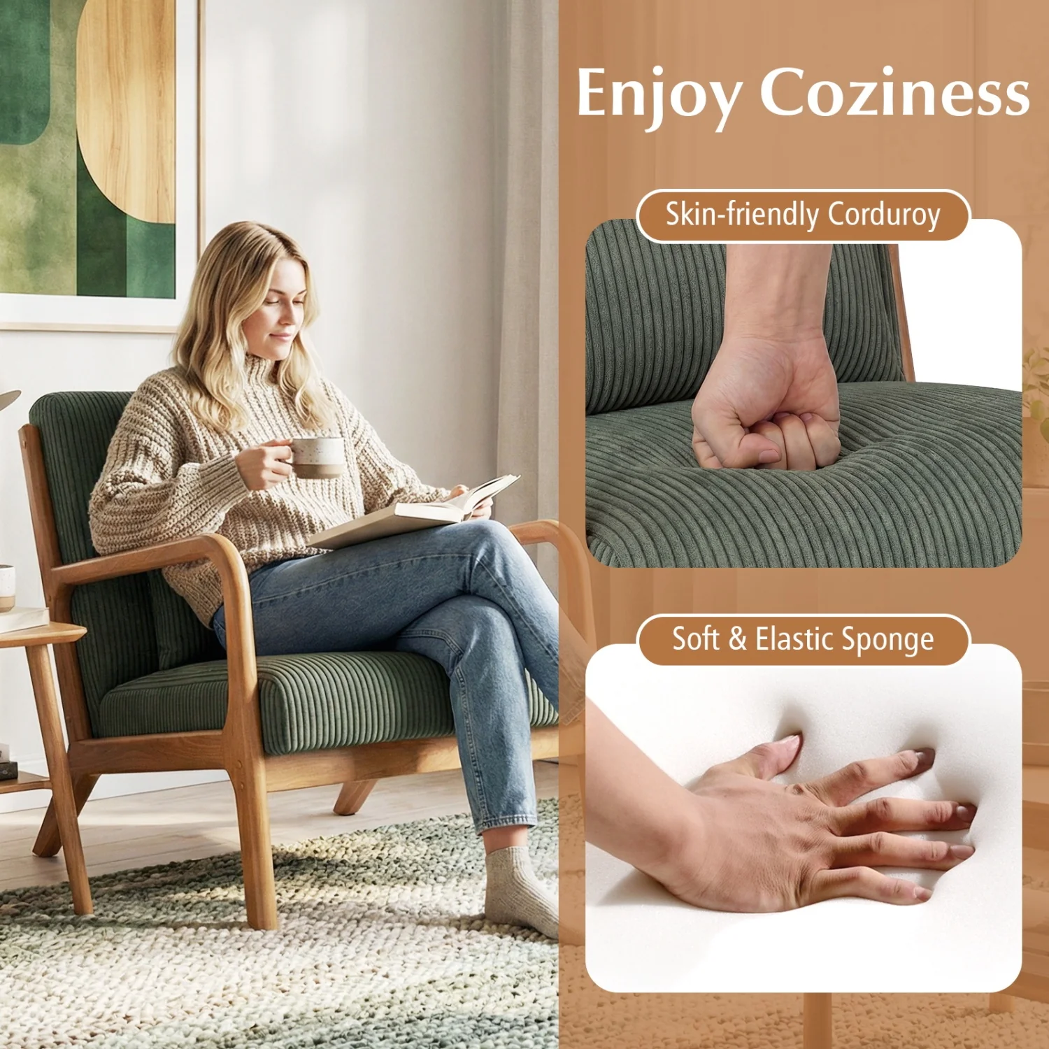 Accent Chair Corduroy Upholstered Lounge Chair with Lumbar Pillow, Green - Image 9