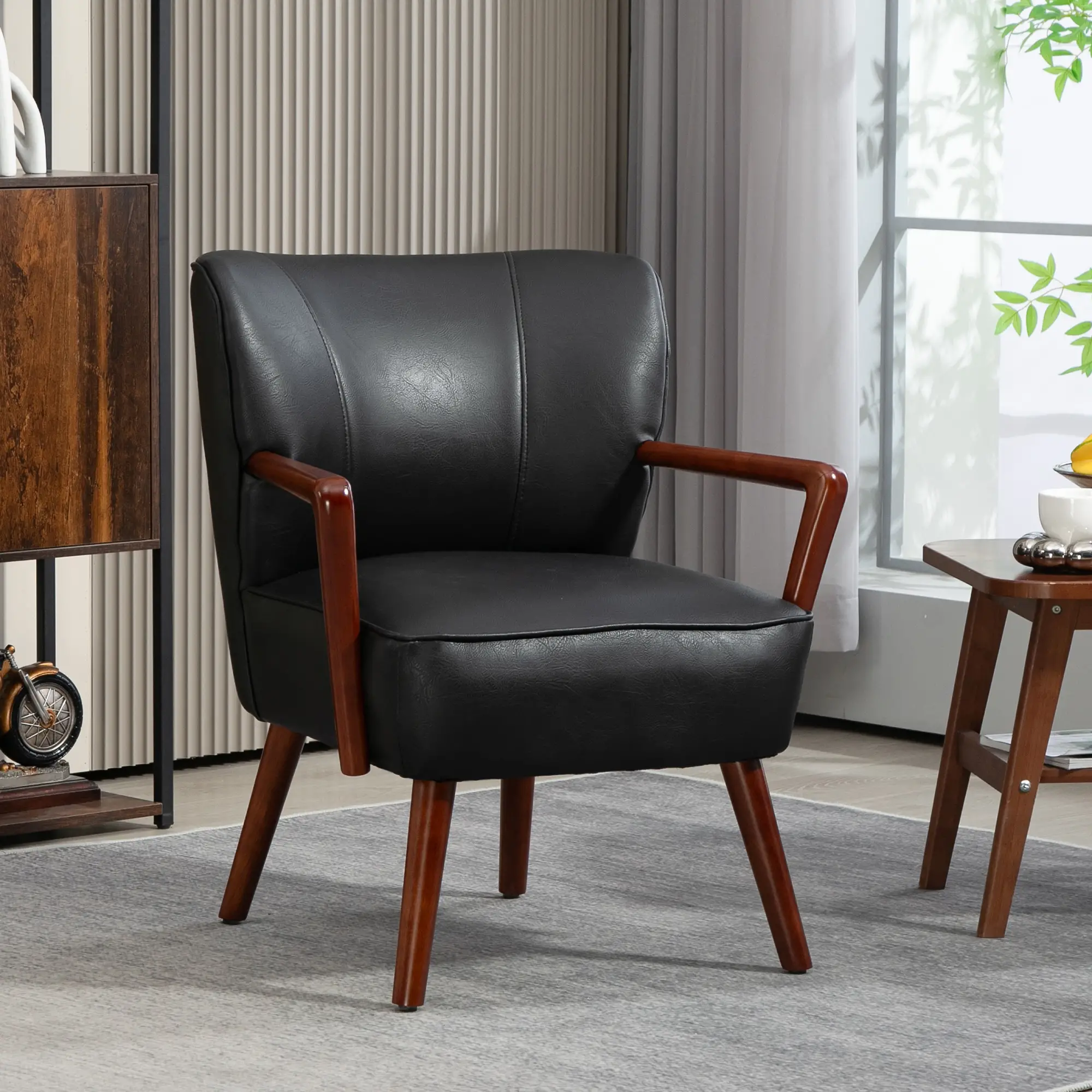 Accent Chair, Modern Armchair, Faux Leather Upholstered with Wood Legs, Black - Image 2