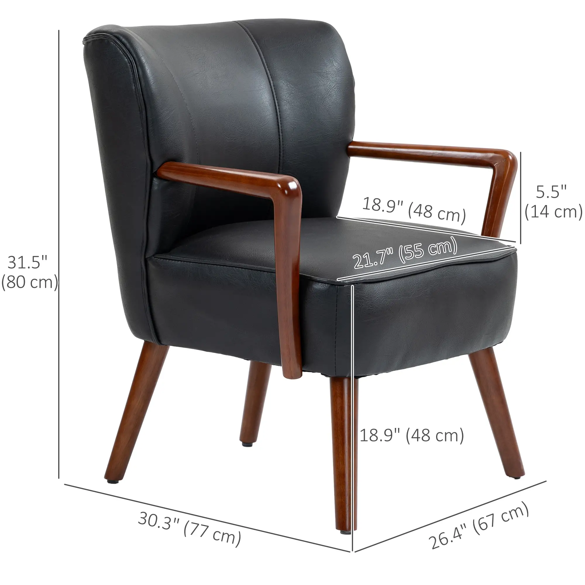 Accent Chair, Modern Armchair, Faux Leather Upholstered with Wood Legs, Black - Image 3