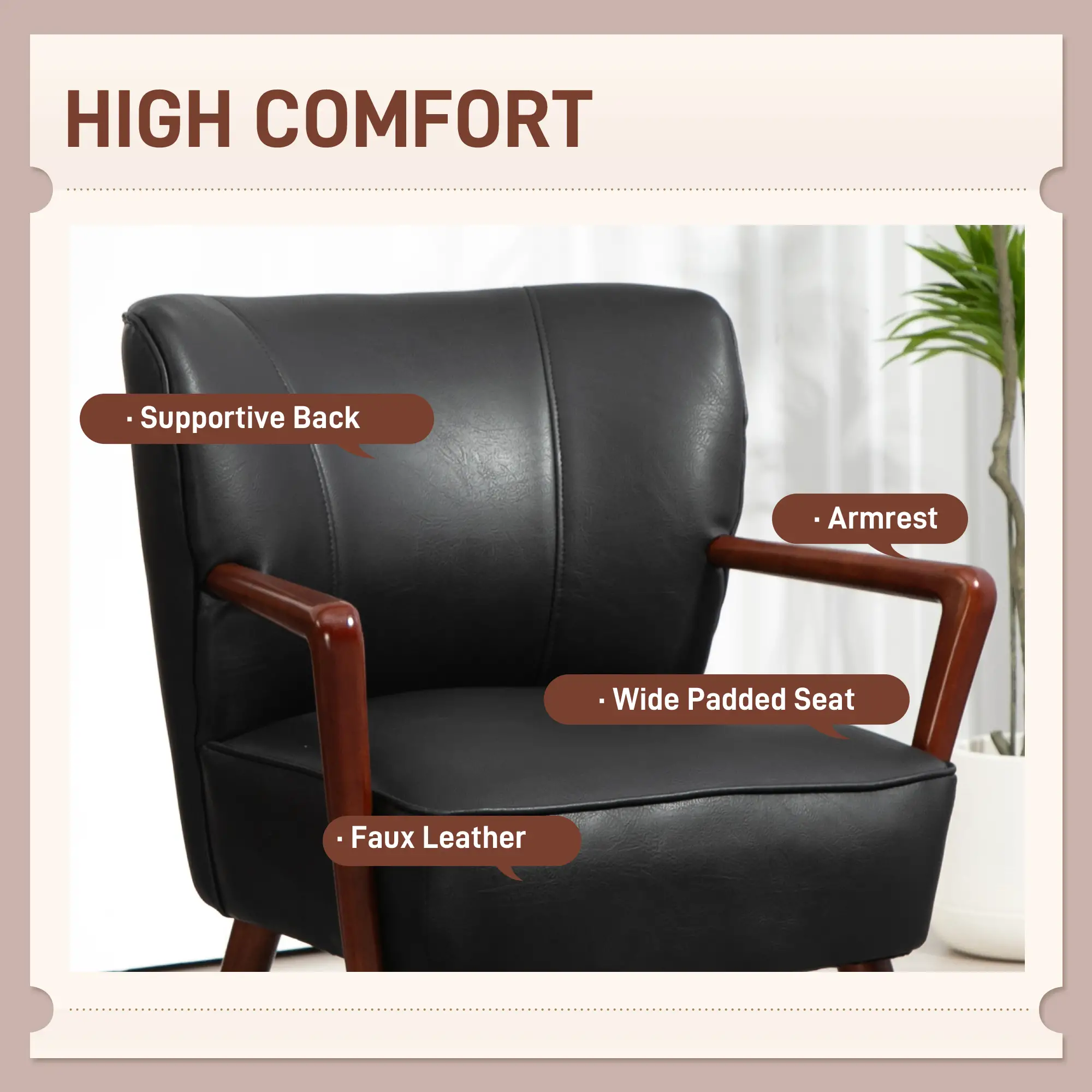 Accent Chair, Modern Armchair, Faux Leather Upholstered with Wood Legs, Black - Image 4