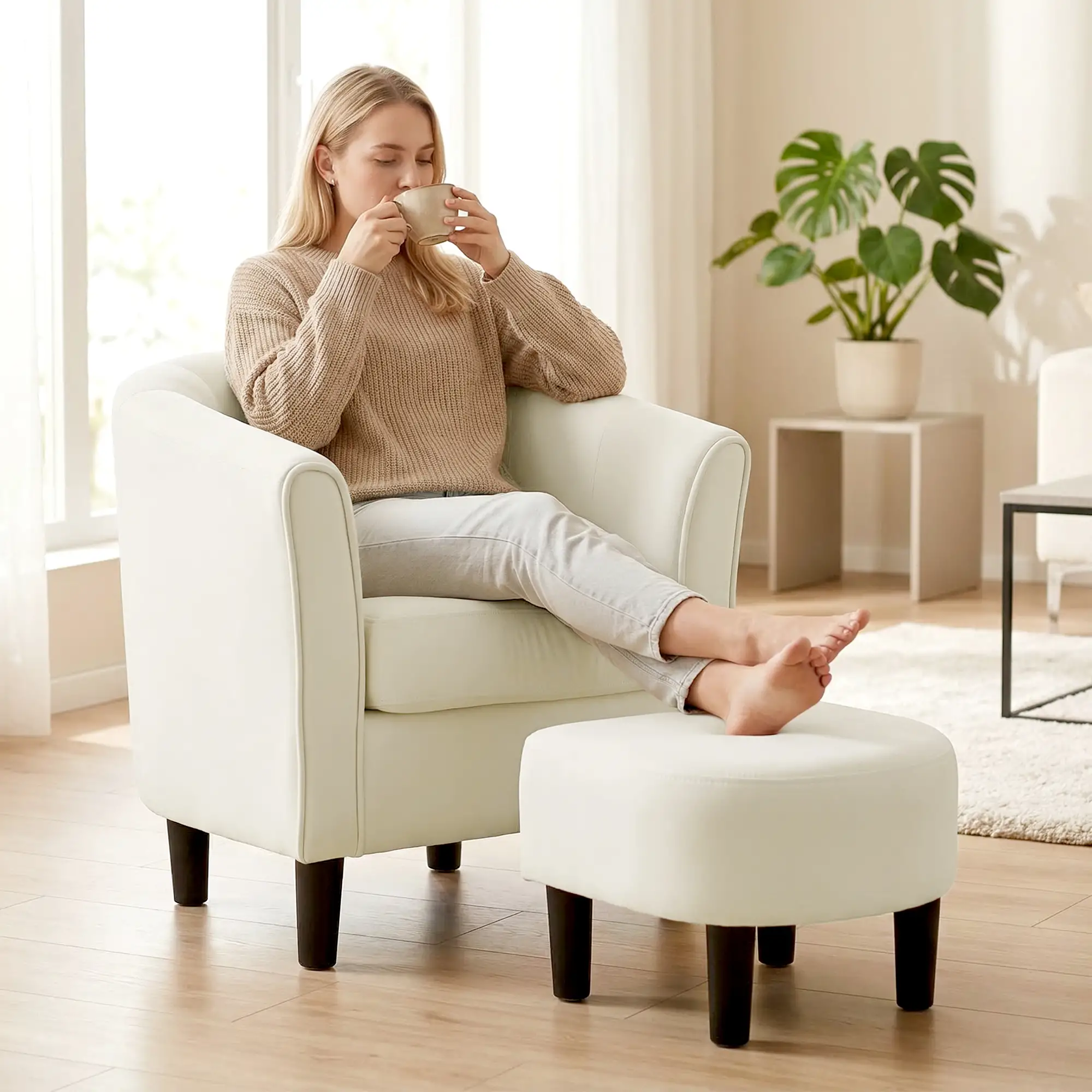 Accent Chair Modern Upholstered Living Room Chair with Ottoman and Pocket Spring Cushion Cream White - Image 10