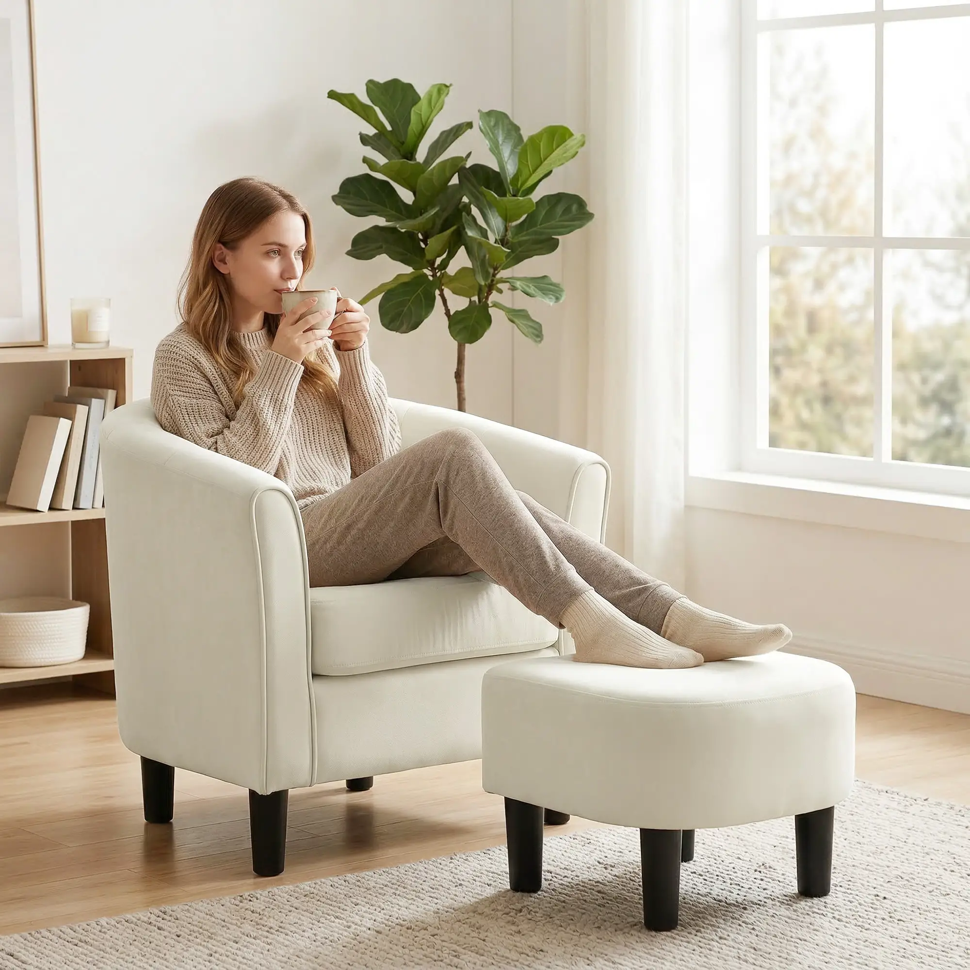 Accent Chair Modern Upholstered Living Room Chair with Ottoman and Pocket Spring Cushion Cream White - Image 2
