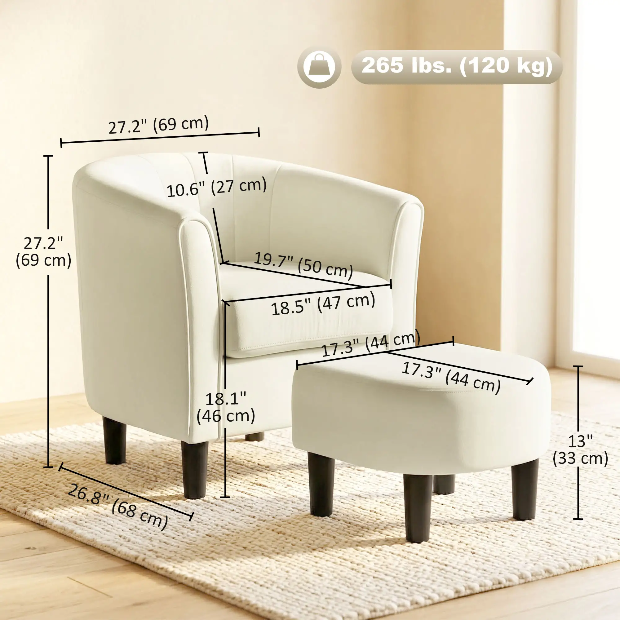 Accent Chair Modern Upholstered Living Room Chair with Ottoman and Pocket Spring Cushion Cream White - Image 3