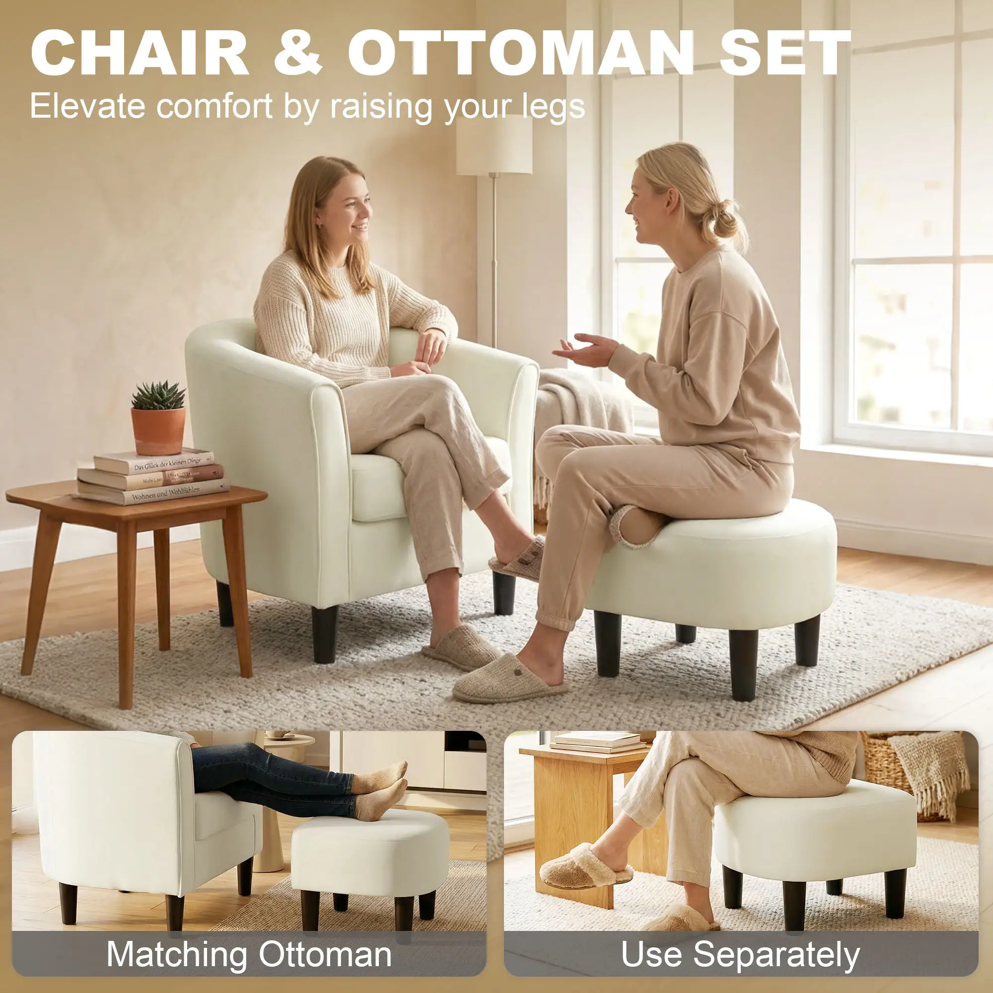 Accent Chair Modern Upholstered Living Room Chair with Ottoman and Pocket Spring Cushion Cream White - Image 4