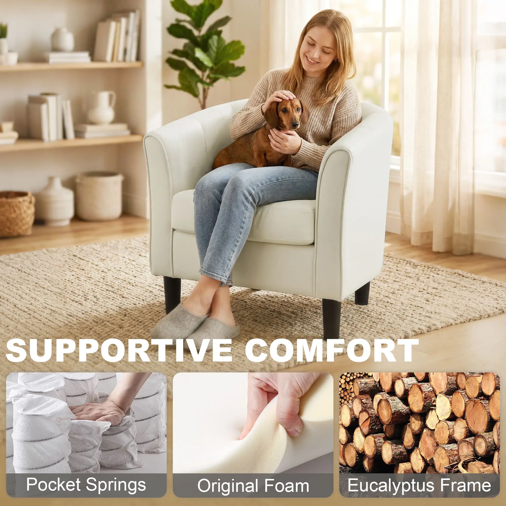 Accent Chair Modern Upholstered Living Room Chair with Ottoman and Pocket Spring Cushion Cream White - Image 5