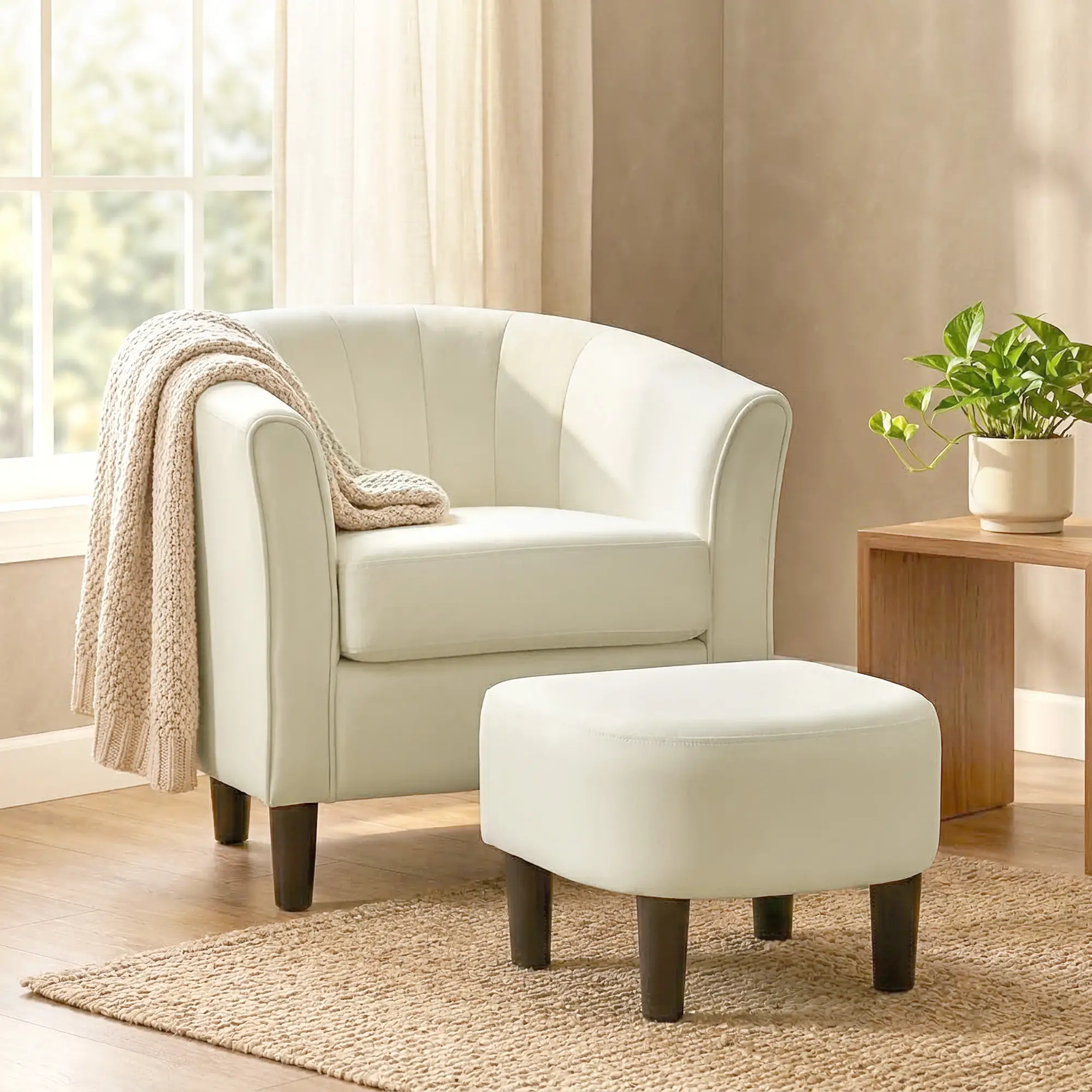 Accent Chair Modern Upholstered Living Room Chair with Ottoman and Pocket Spring Cushion Cream White - Image 8