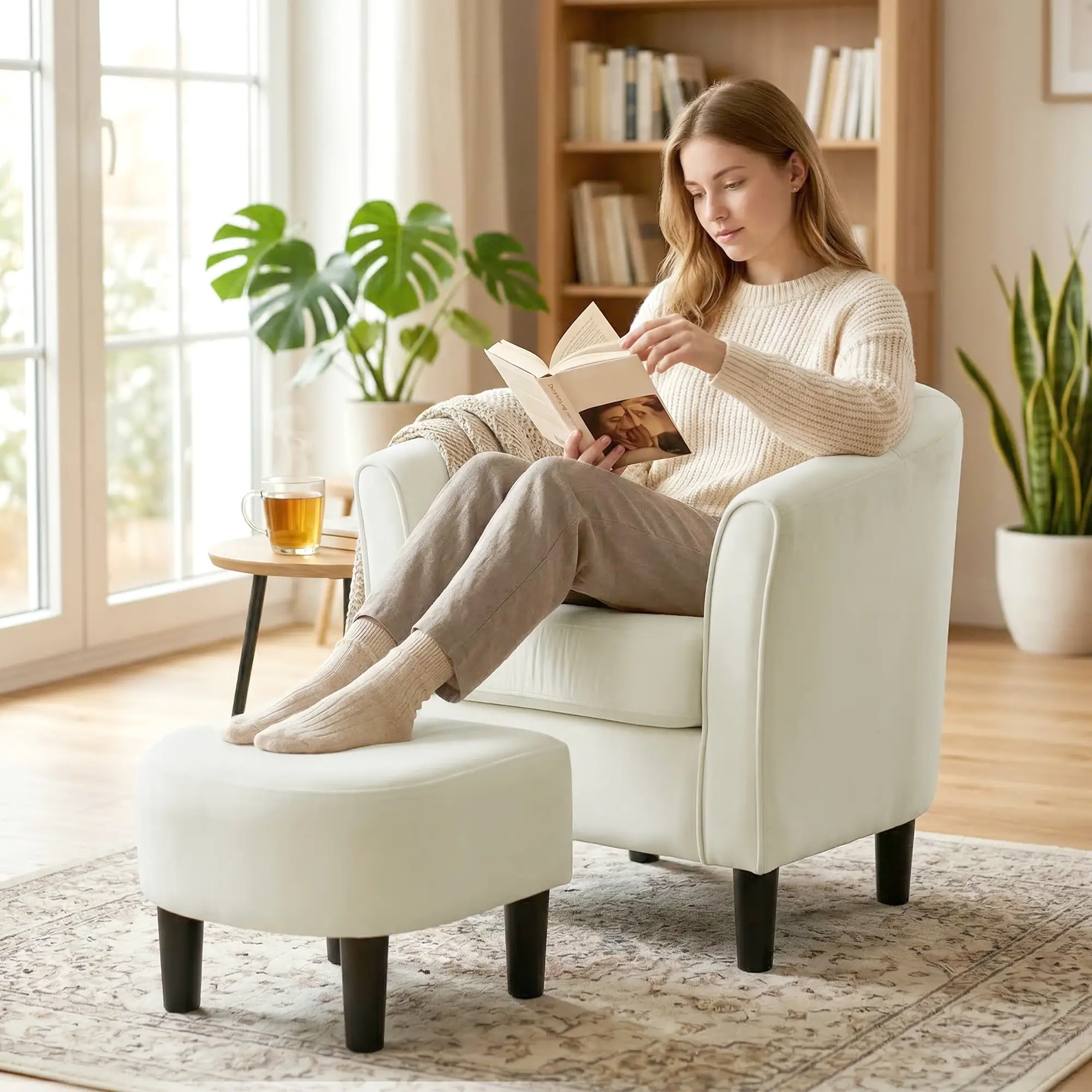 Accent Chair Modern Upholstered Living Room Chair with Ottoman and Pocket Spring Cushion Cream White - Image 9