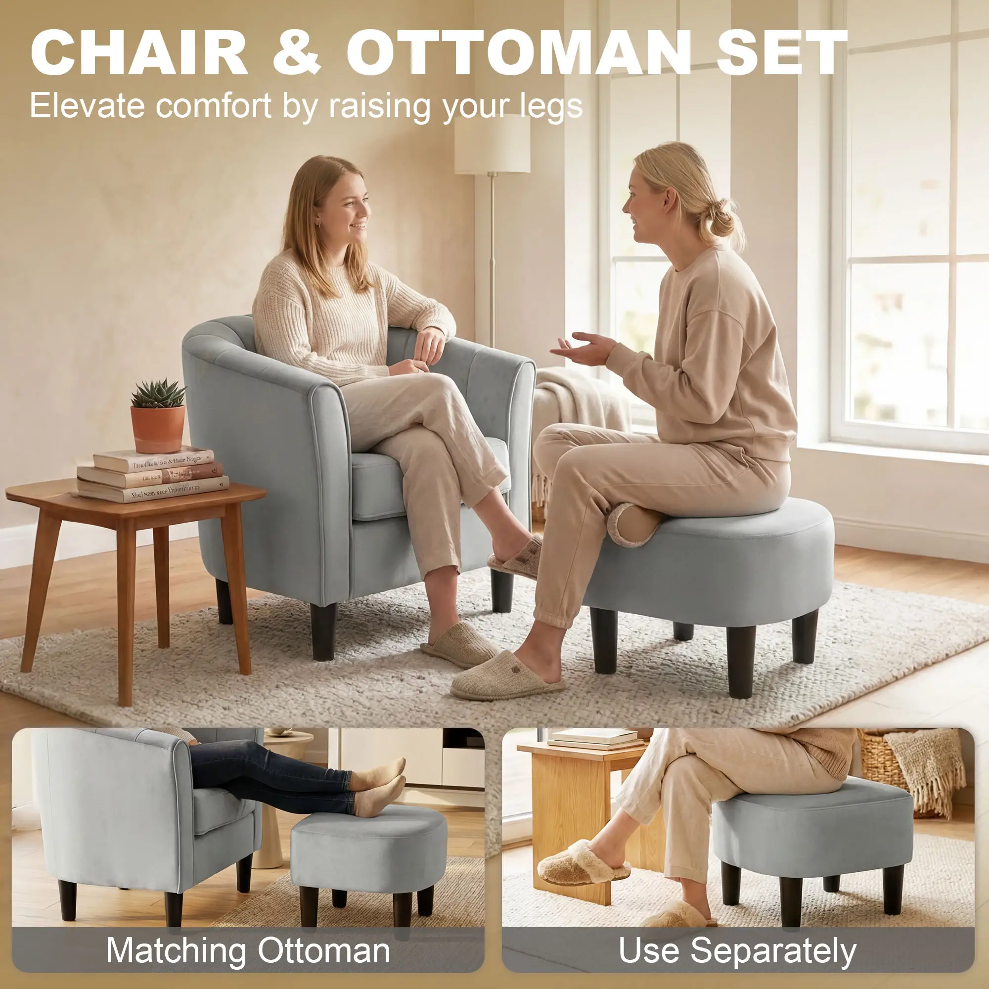 Accent Chair Modern Upholstered Living Room Chair with Ottoman and Pocket Spring Cushion Grey - Image 4
