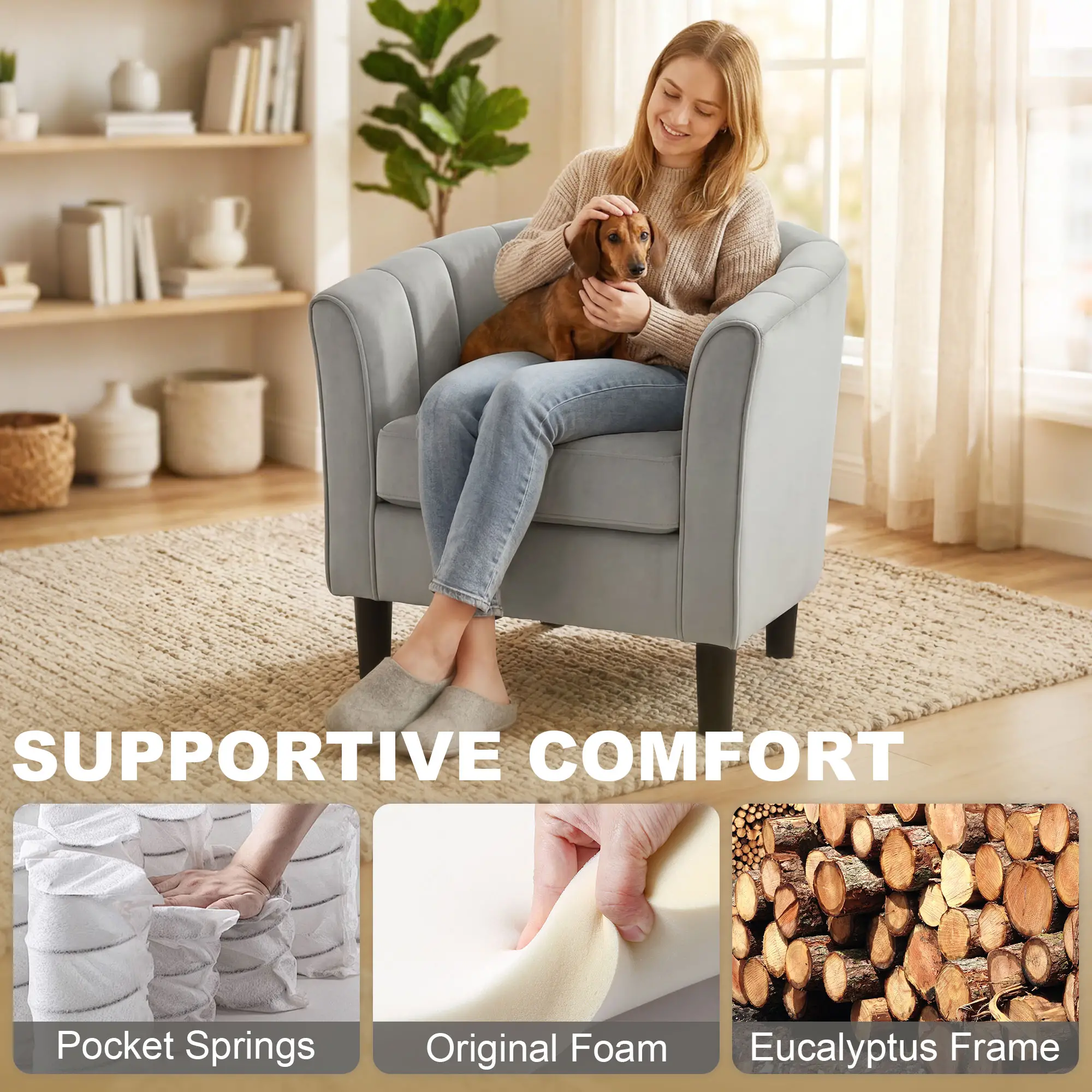 Accent Chair Modern Upholstered Living Room Chair with Ottoman and Pocket Spring Cushion Grey - Image 5