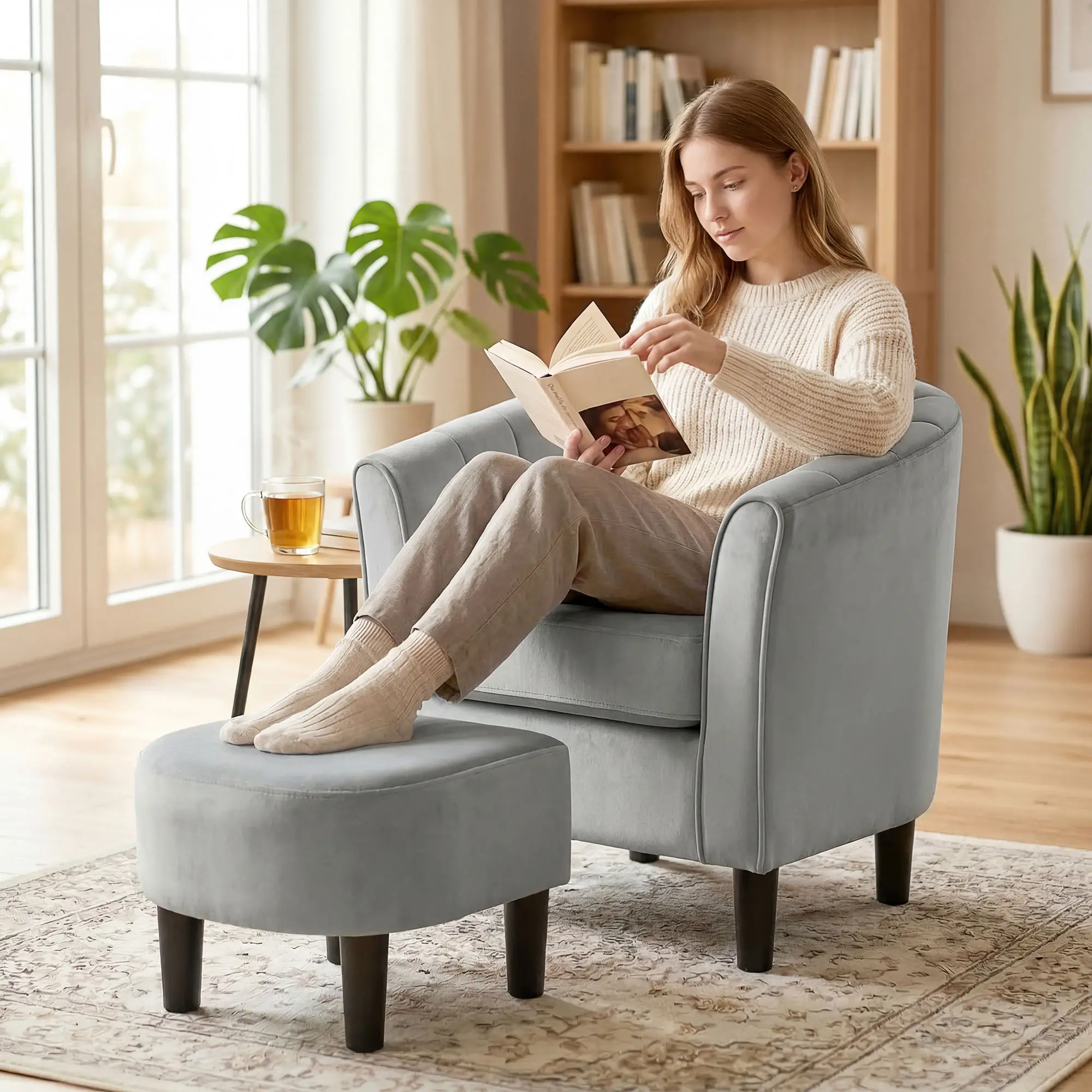 Accent Chair Modern Upholstered Living Room Chair with Ottoman and Pocket Spring Cushion Grey - Image 8
