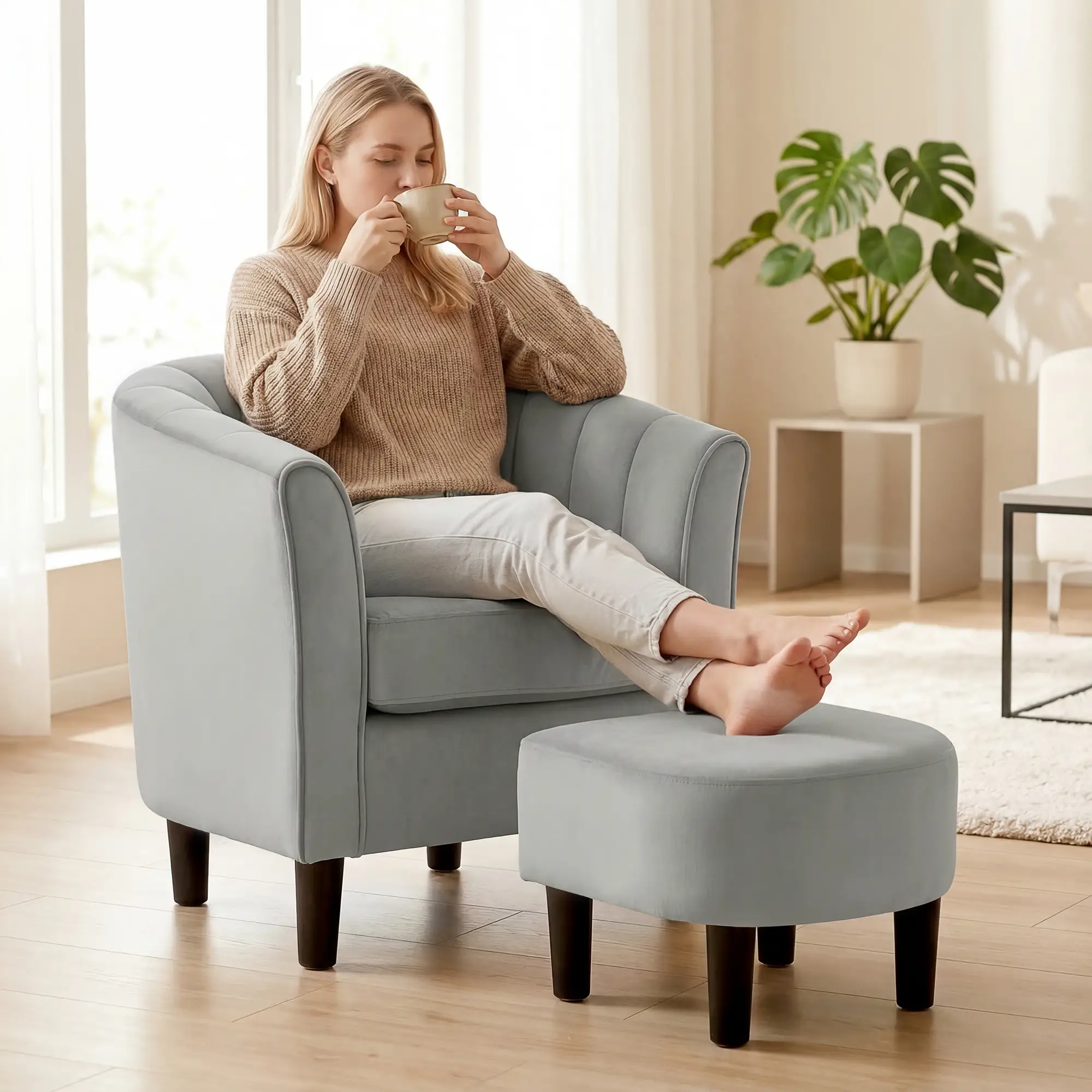 Accent Chair Modern Upholstered Living Room Chair with Ottoman and Pocket Spring Cushion Grey - Image 9