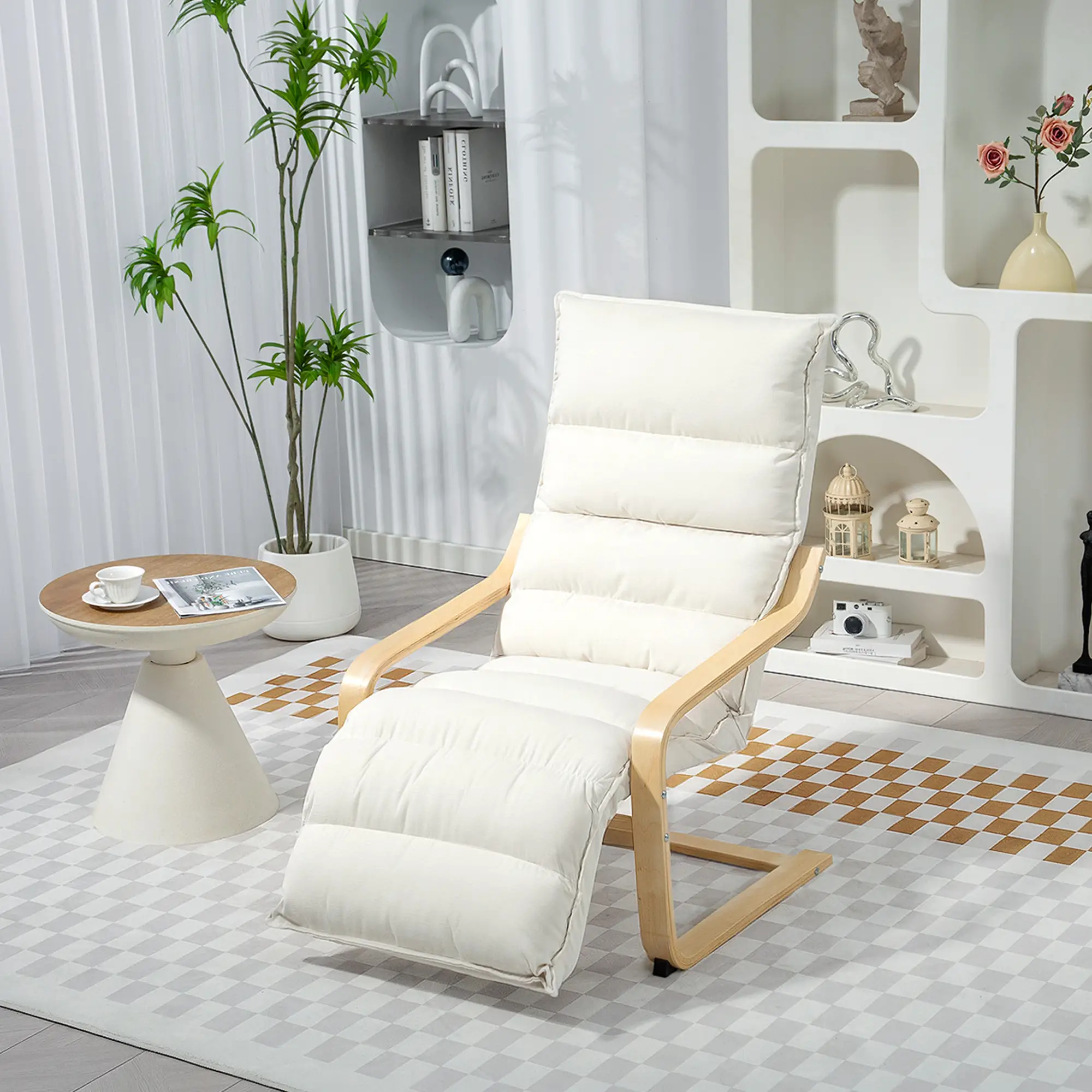 Accent Chair, Velvet Upholstered Living Room Chair with Footrest, Wood Frame, Cream White - Image 2