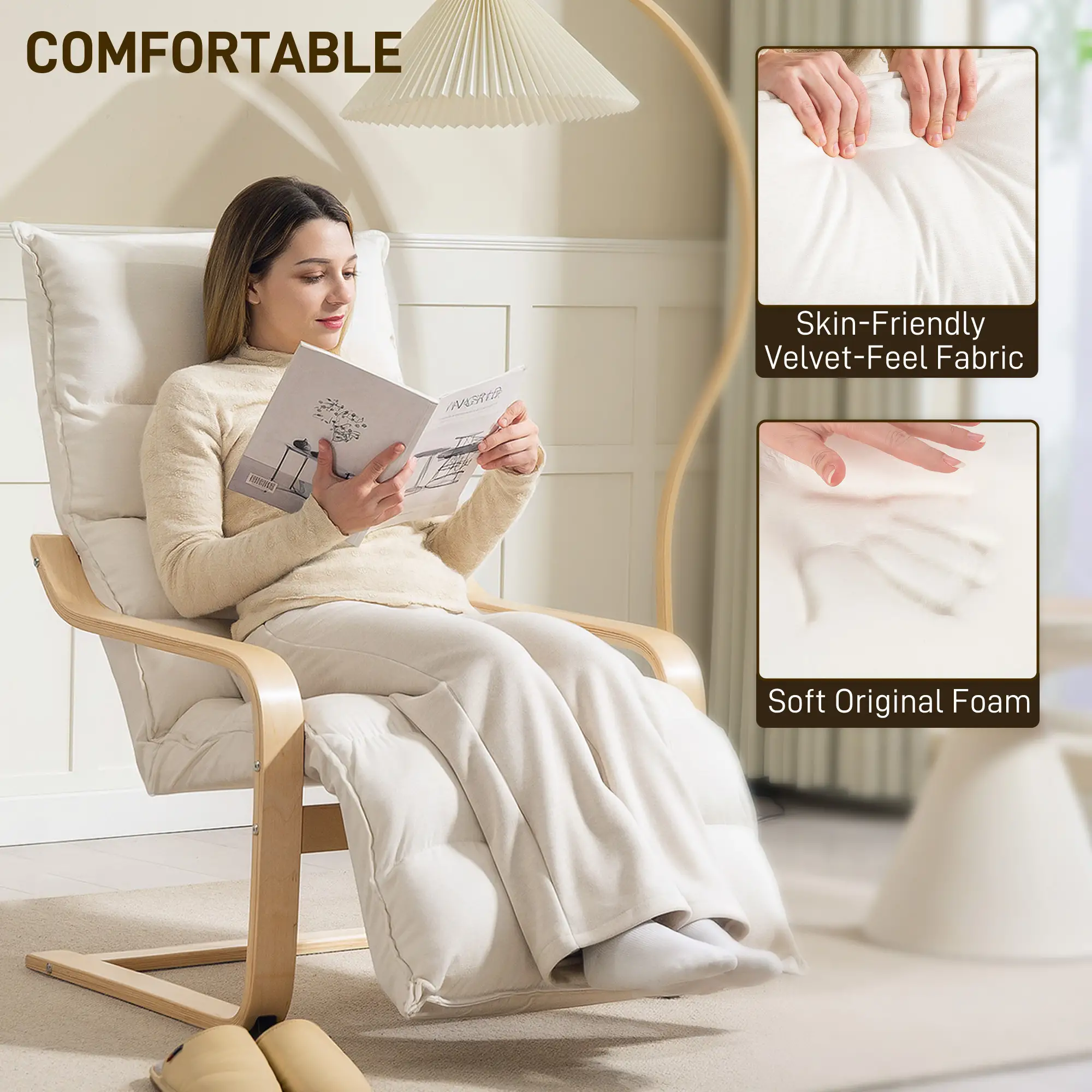 Accent Chair, Velvet Upholstered Living Room Chair with Footrest, Wood Frame, Cream White - Image 4