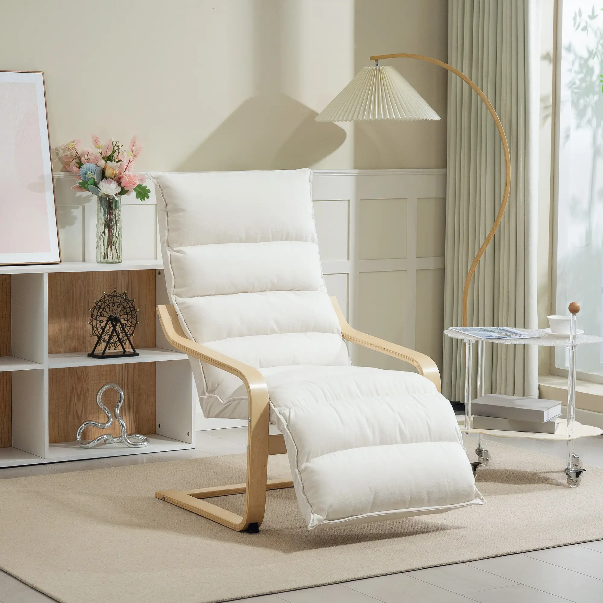 Accent Chair, Velvet Upholstered Living Room Chair with Footrest, Wood Frame, Cream White - Image 5