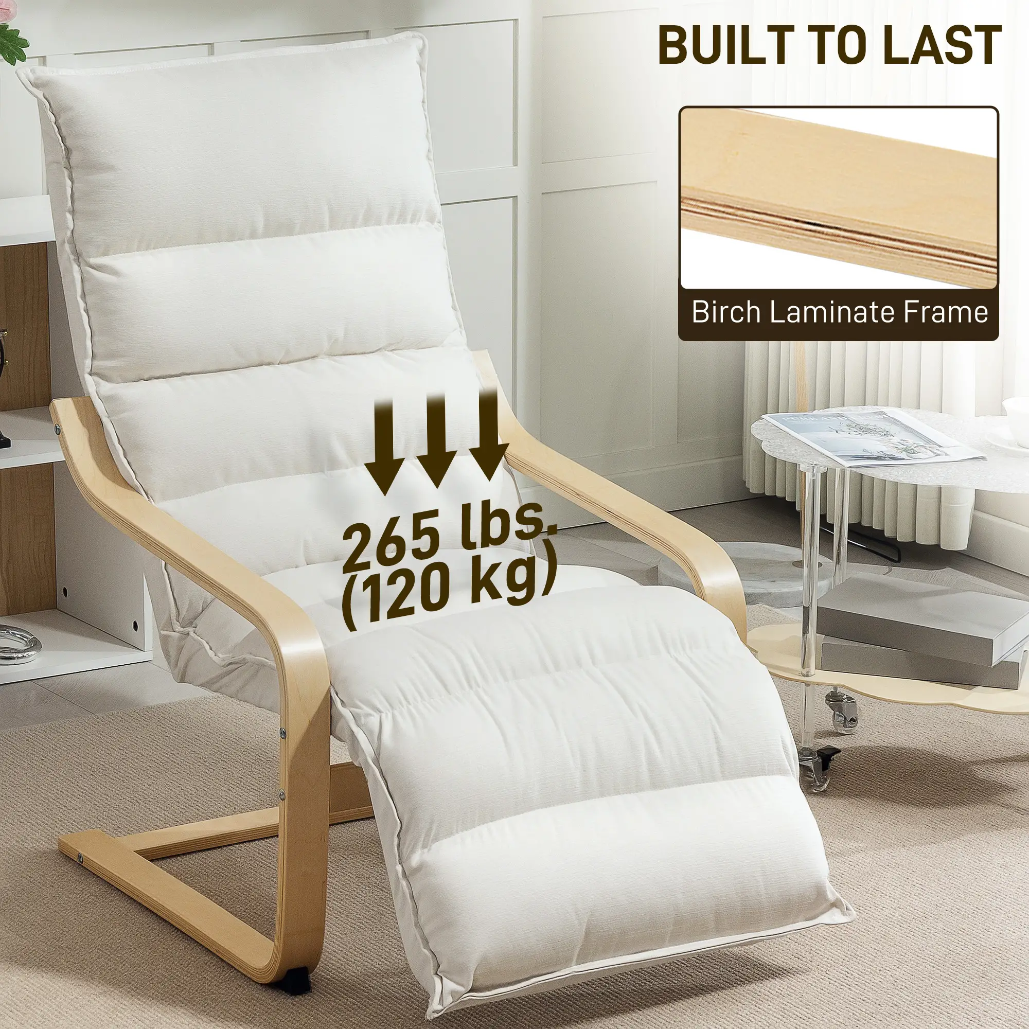 Accent Chair, Velvet Upholstered Living Room Chair with Footrest, Wood Frame, Cream White - Image 7