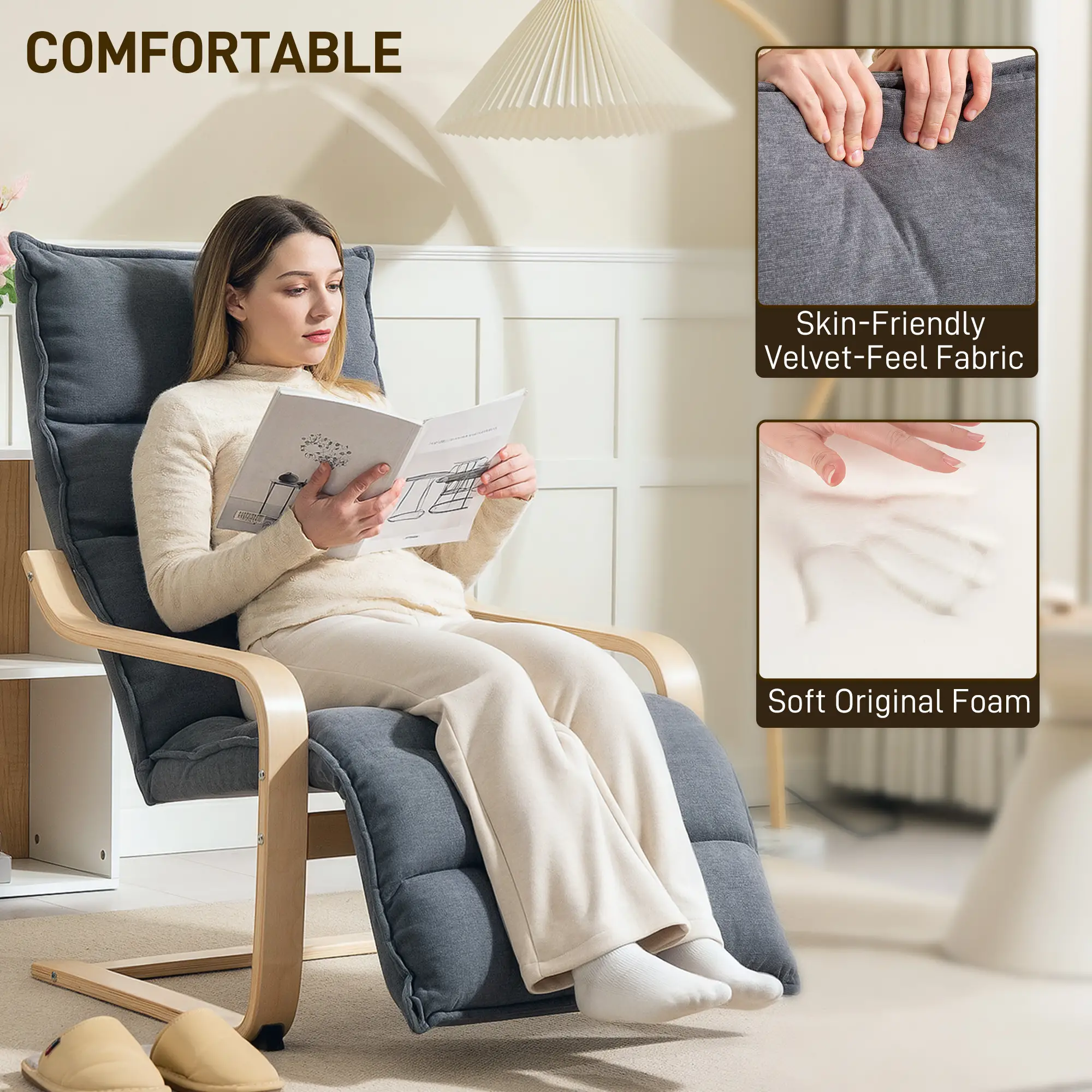 Accent Chair, Velvet Upholstered Living Room Chair with Footrest, Wood Frame, Dark Grey - Image 4